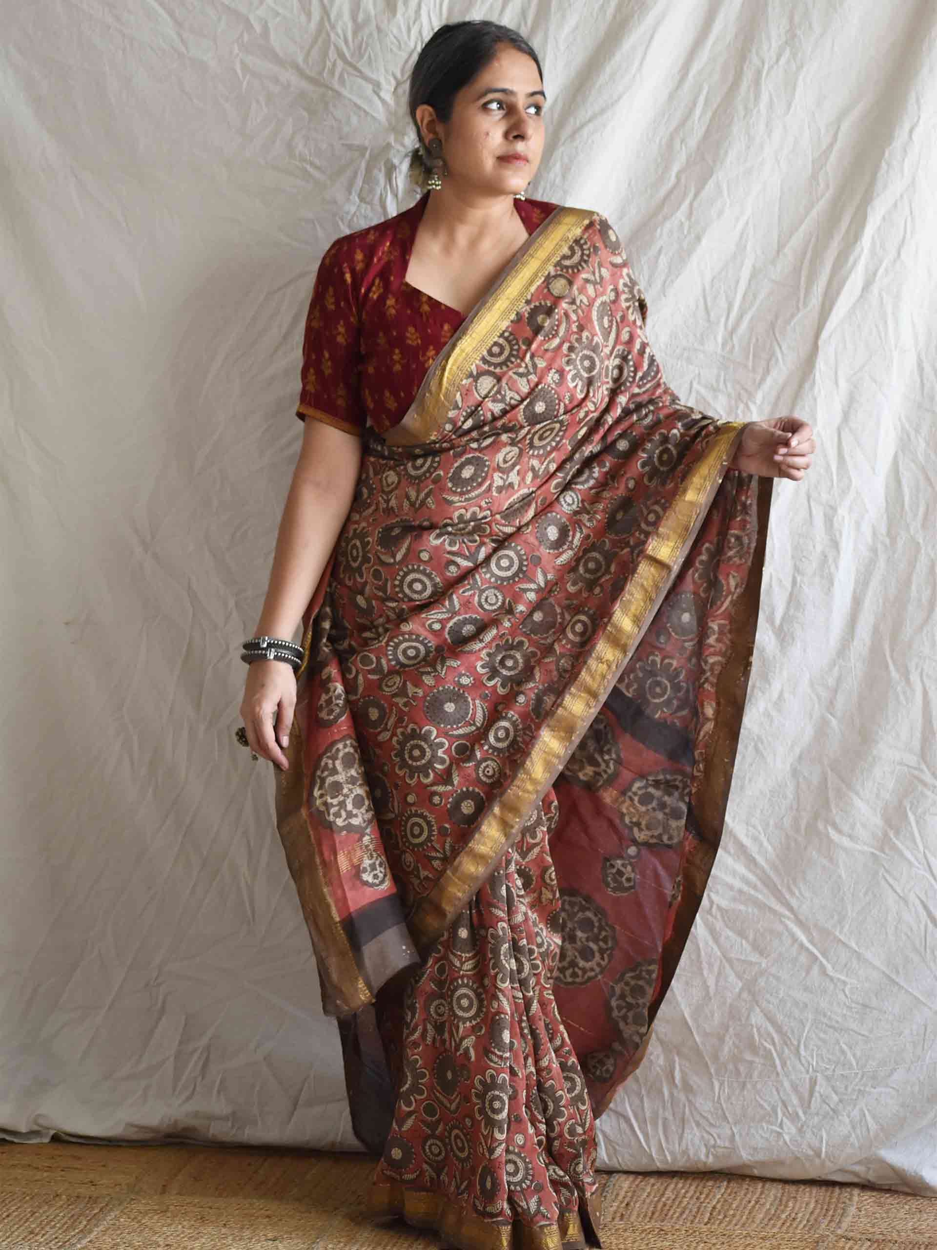 kattha rang- Bagru Maheshwari silk saree