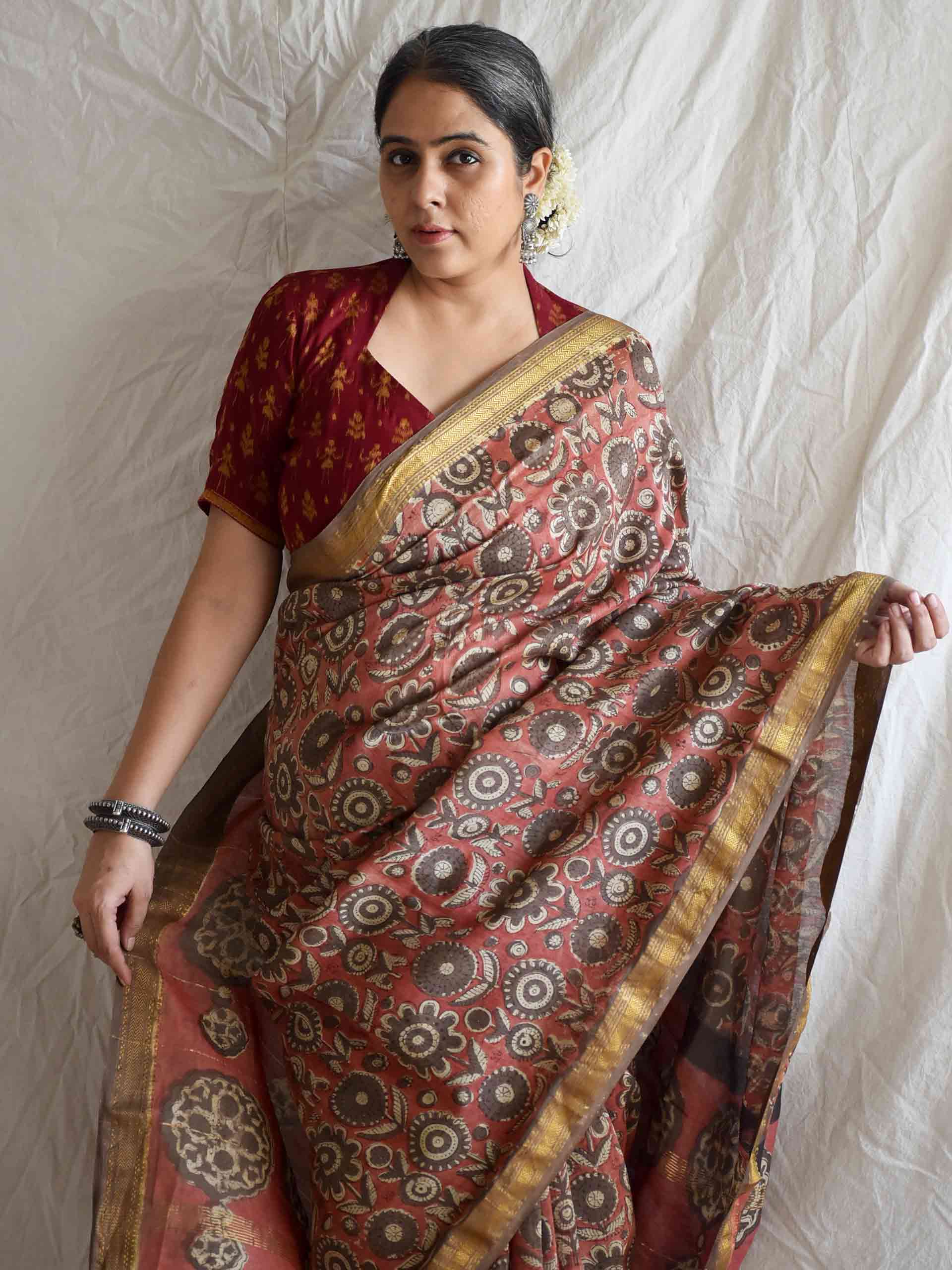 kattha rang- Bagru Maheshwari silk saree