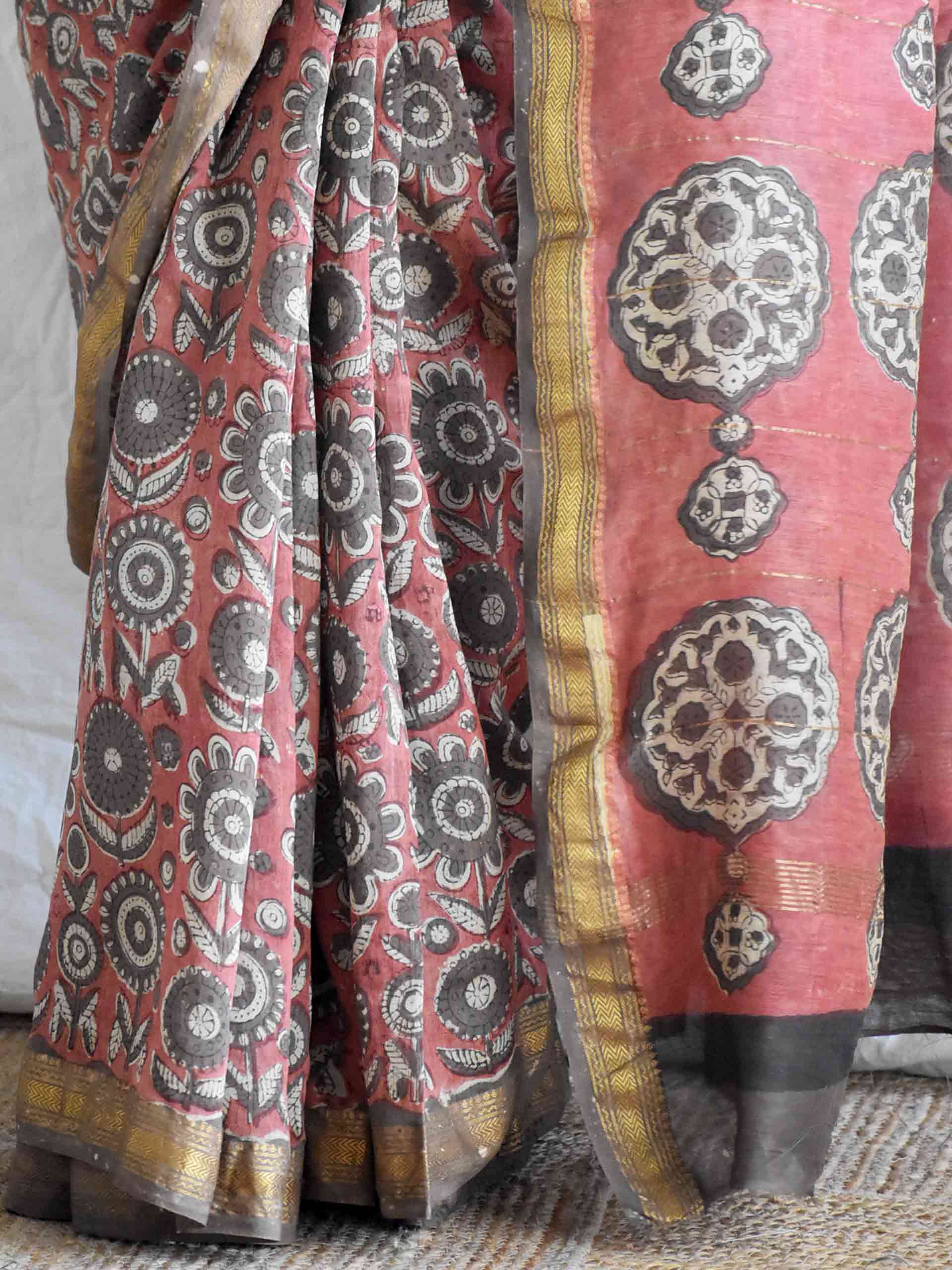 kattha rang- Bagru Maheshwari silk saree