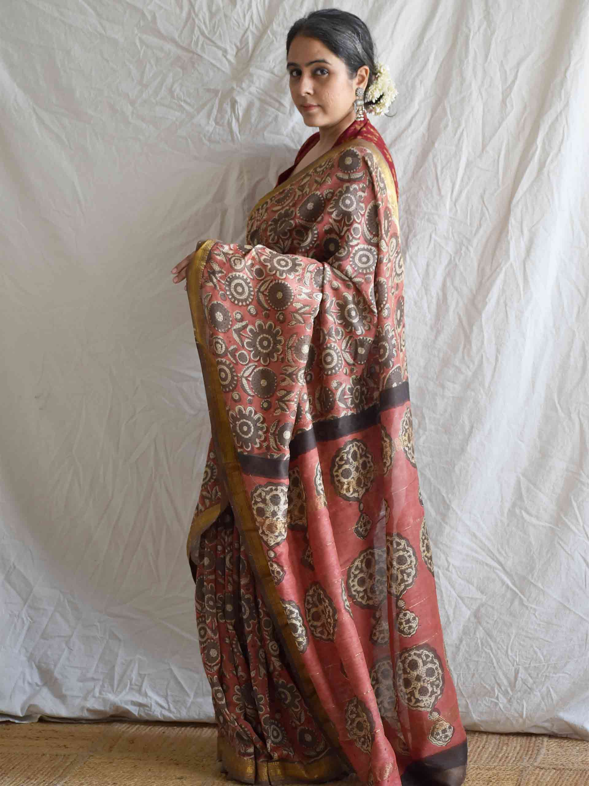 kattha rang- Bagru Maheshwari silk saree