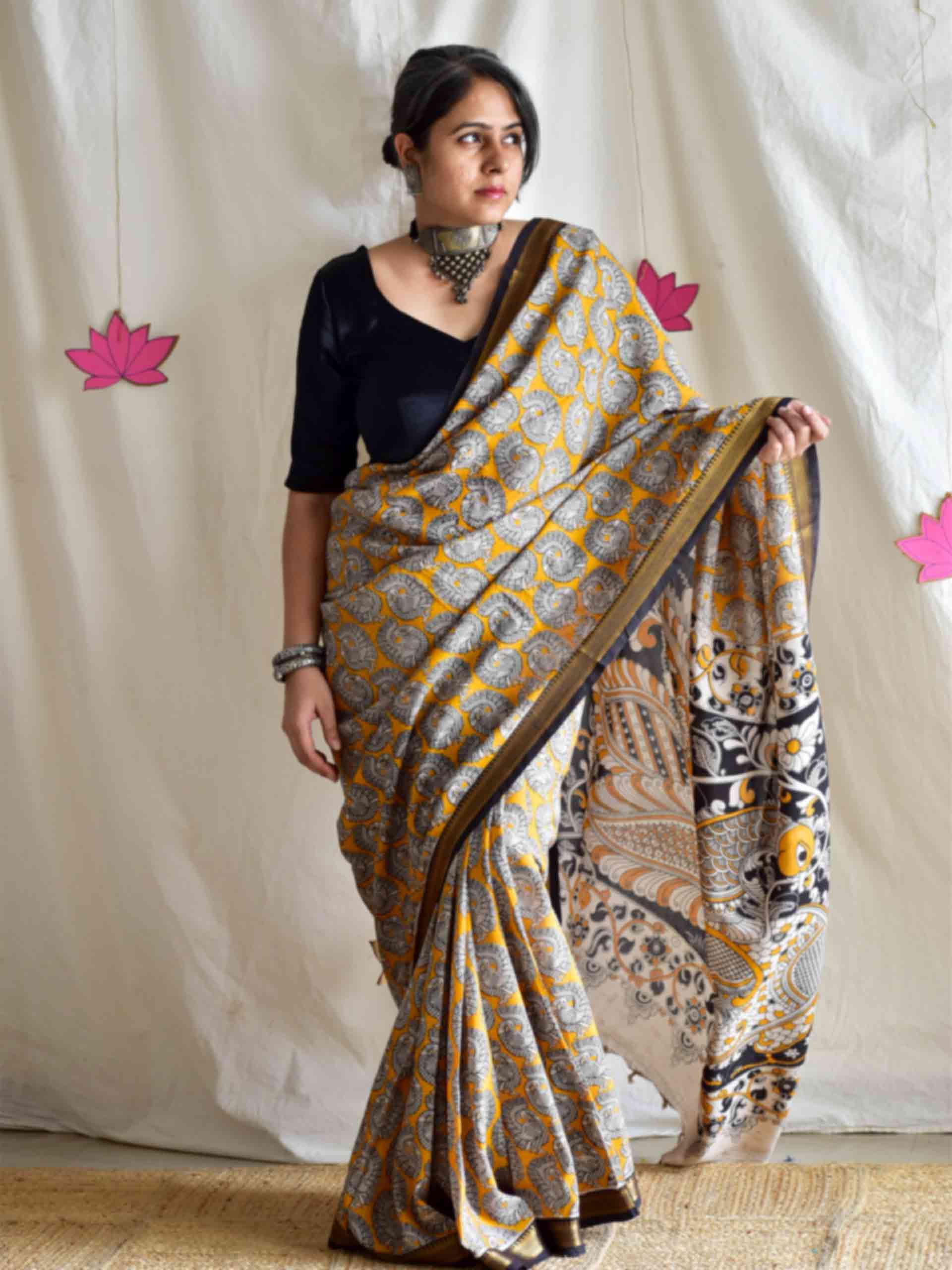 Bhor - kalamkari printed Bangalore Silk zari saree
