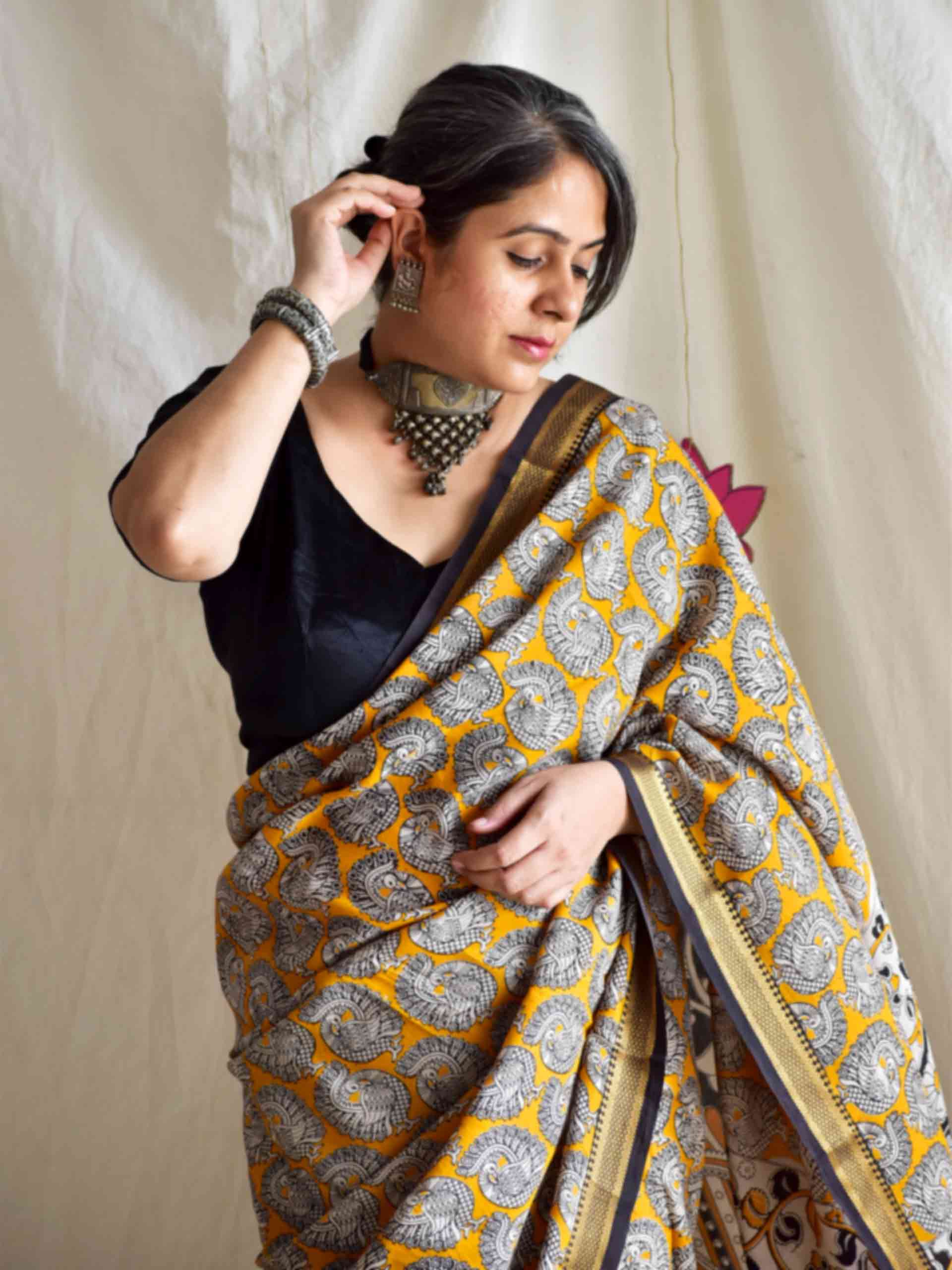 Bhor - kalamkari printed Bangalore Silk zari saree