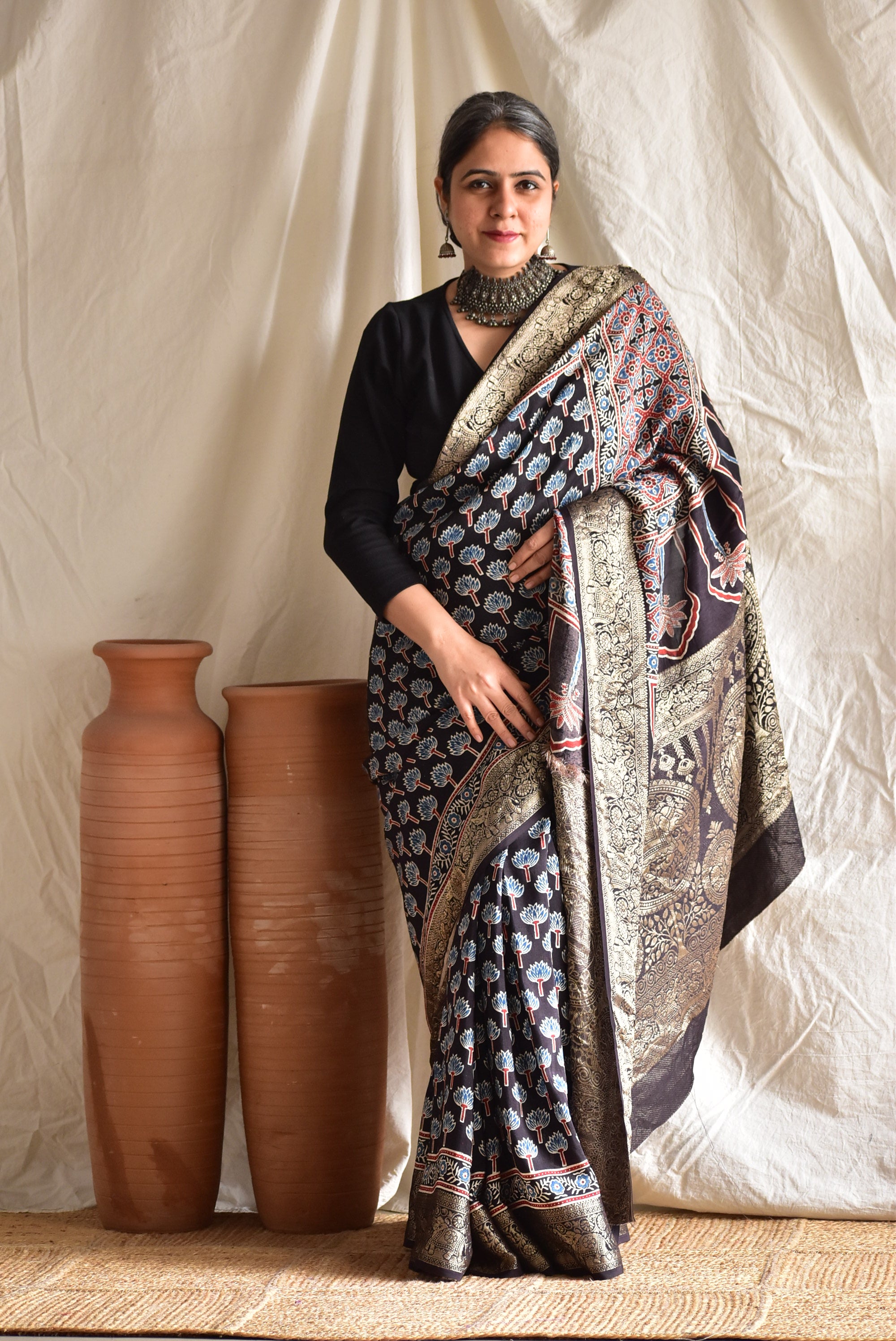 Bhavya - Ajrakh  Dola silk zari pallu saree