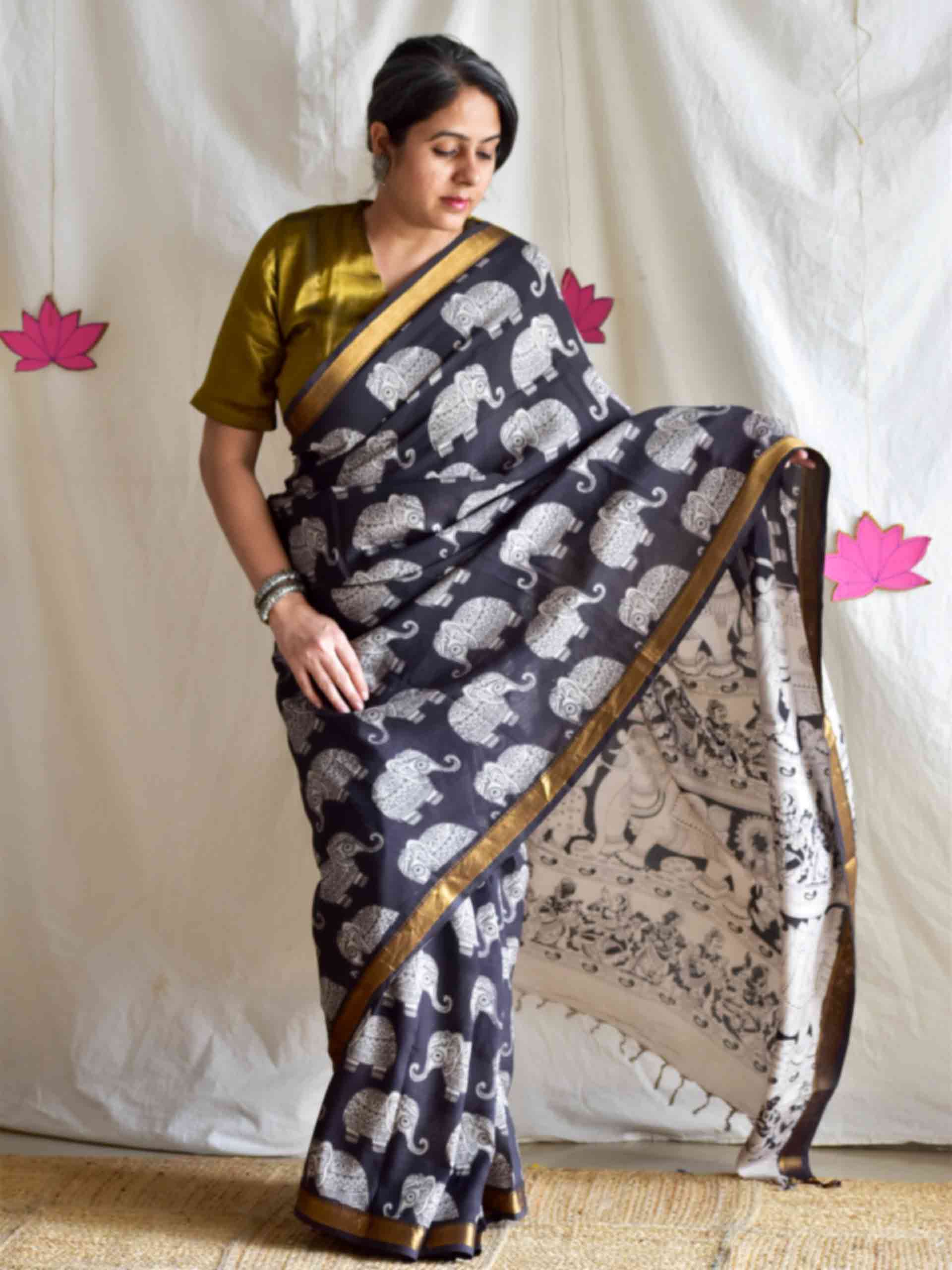 Airavata - kalamkari printed Bangalore Silk zari saree