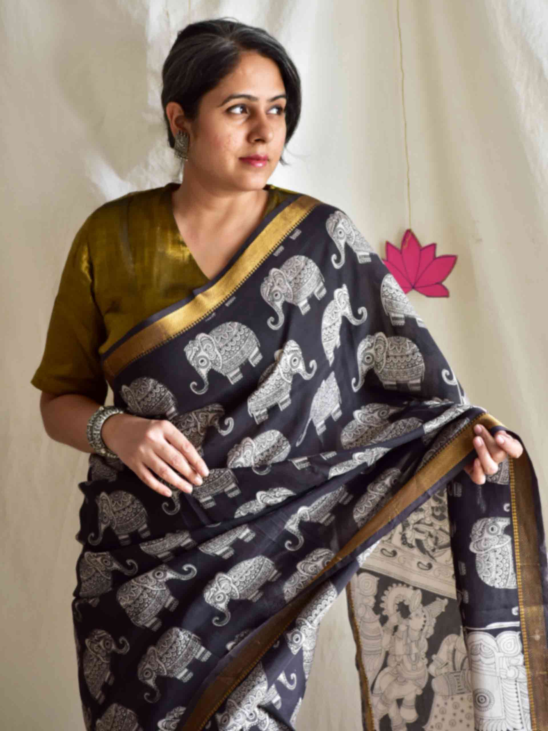 Airavata - kalamkari printed Bangalore Silk zari saree