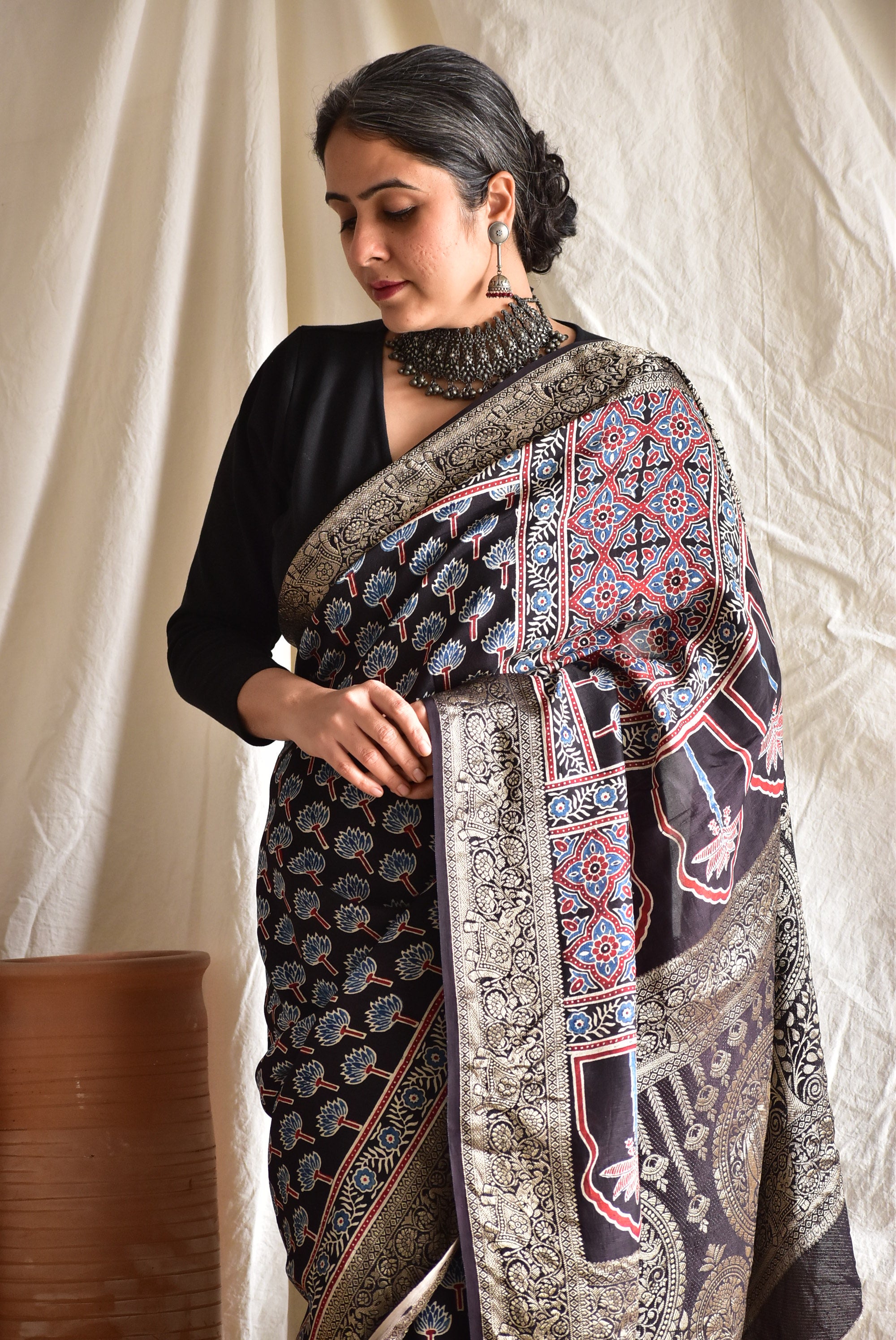 Bhavya - Ajrakh  Dola silk zari pallu saree