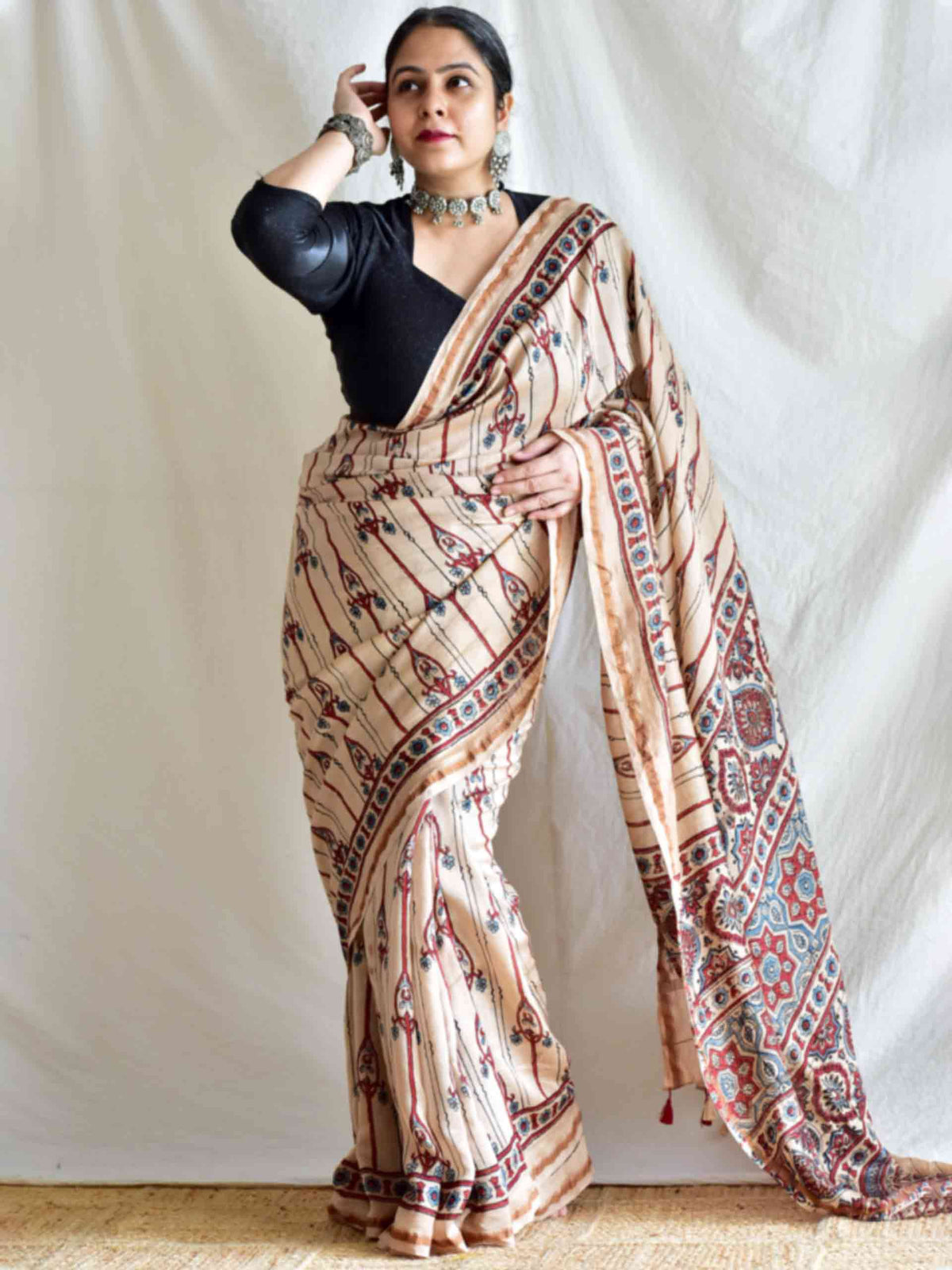 Ajrakh Round neck blouse with saree