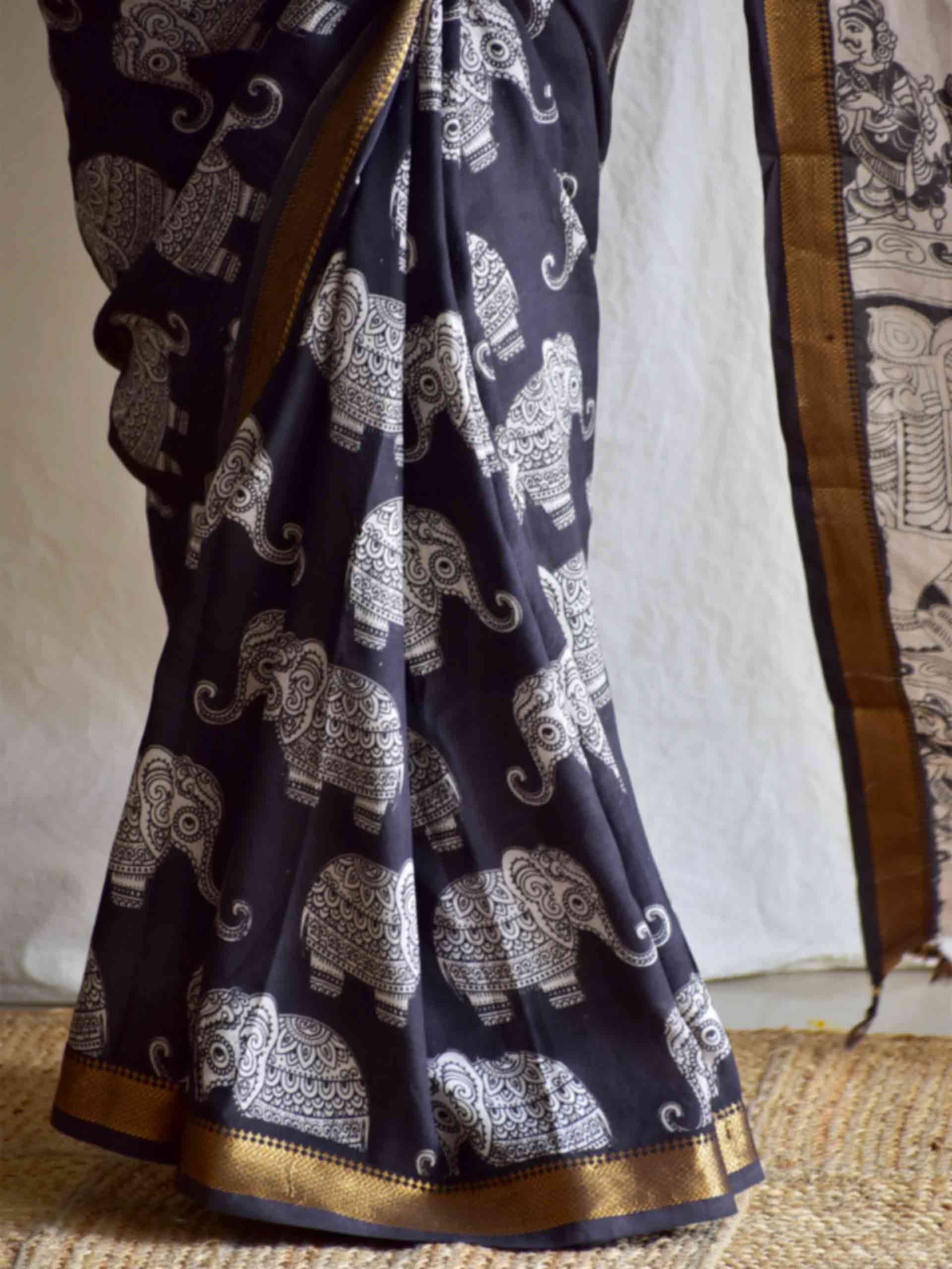 Airavata - kalamkari printed Bangalore Silk zari saree