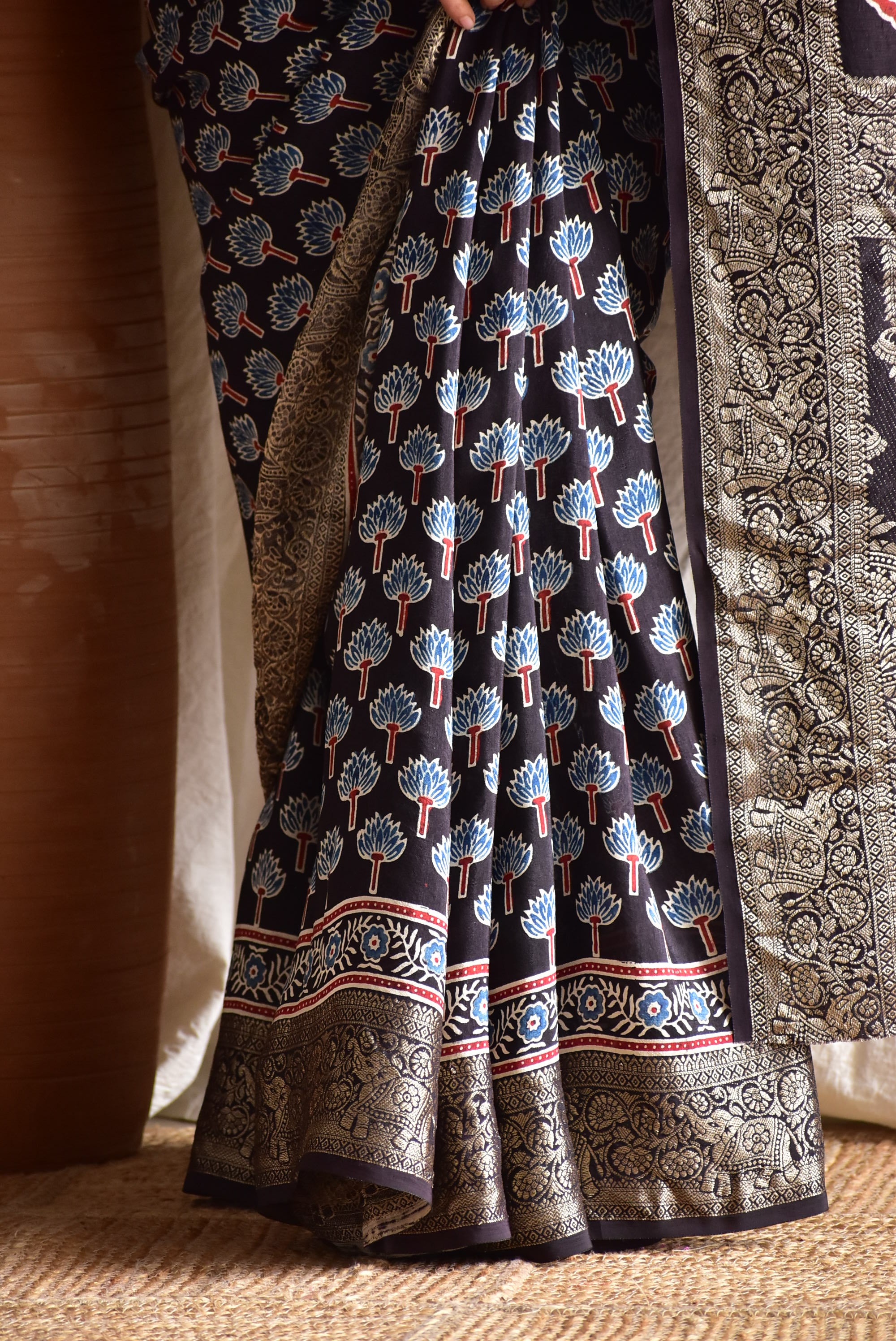 Bhavya - Ajrakh  Dola silk zari pallu saree