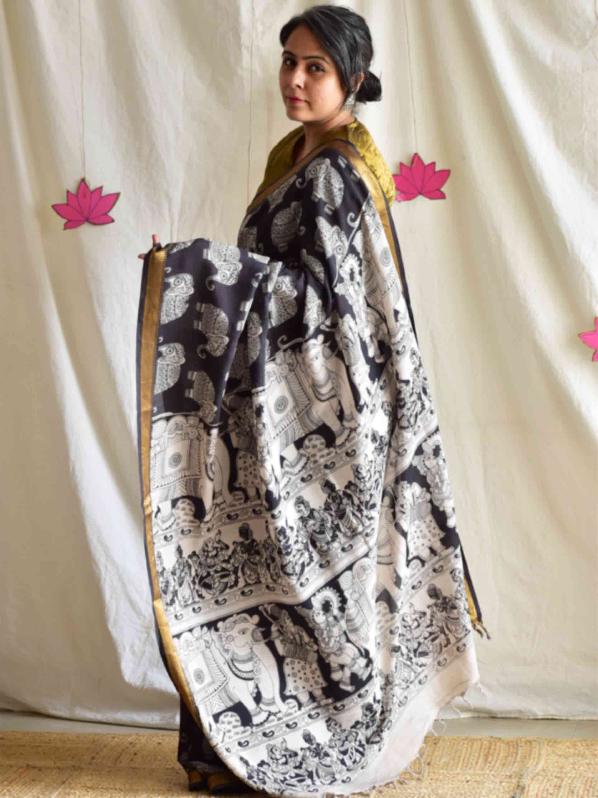 Airavata - kalamkari printed Bangalore Silk zari saree