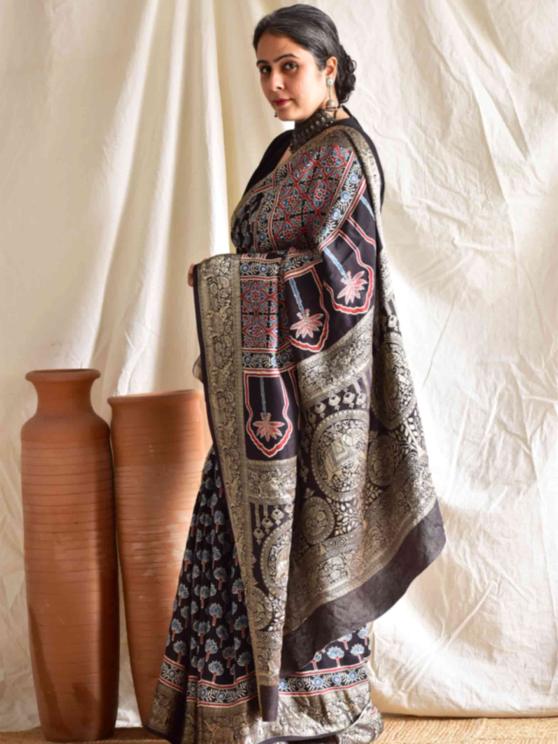 Bhavya - Ajrakh  Dola silk zari pallu saree