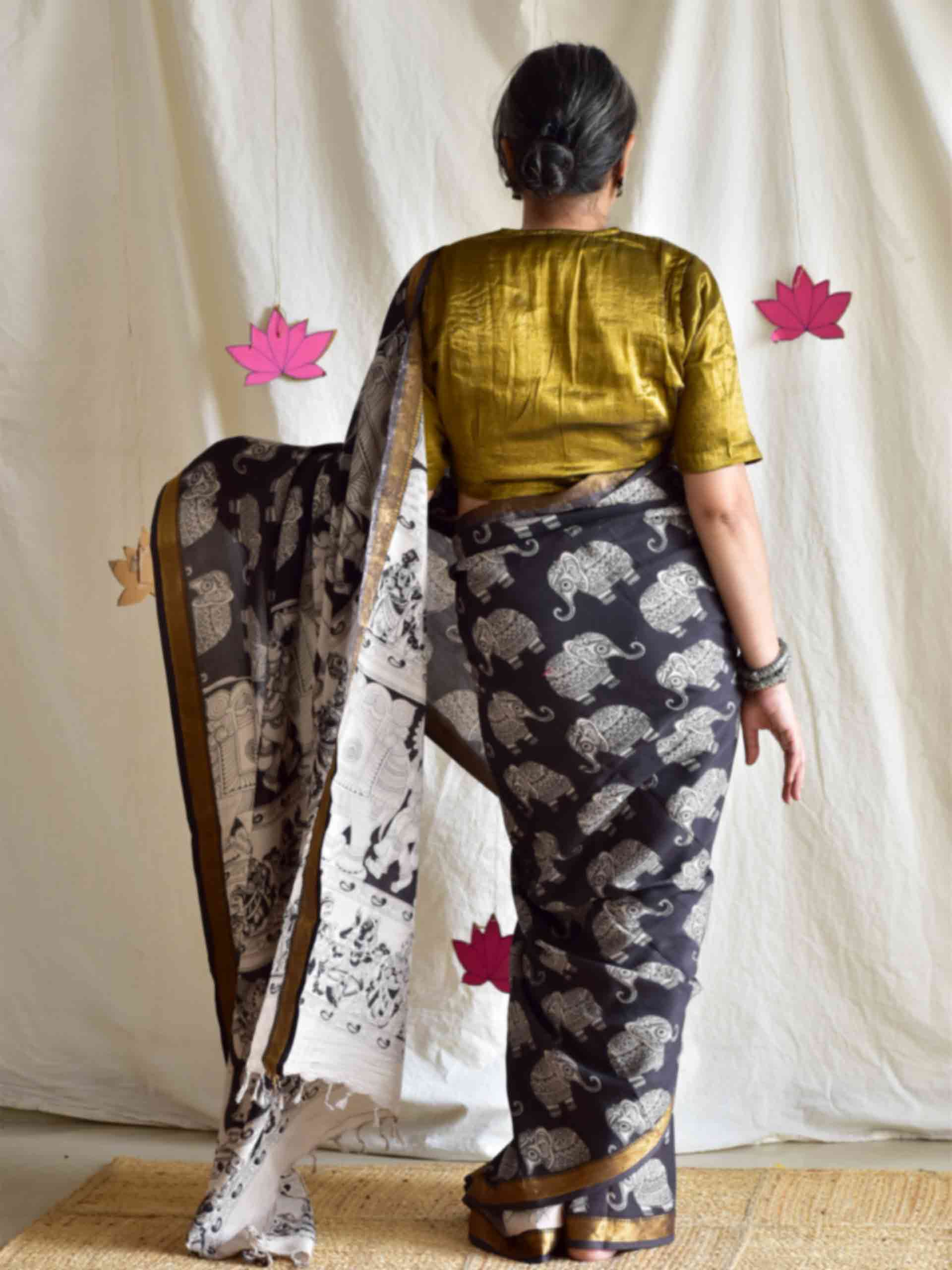 Airavata - kalamkari printed Bangalore Silk zari saree