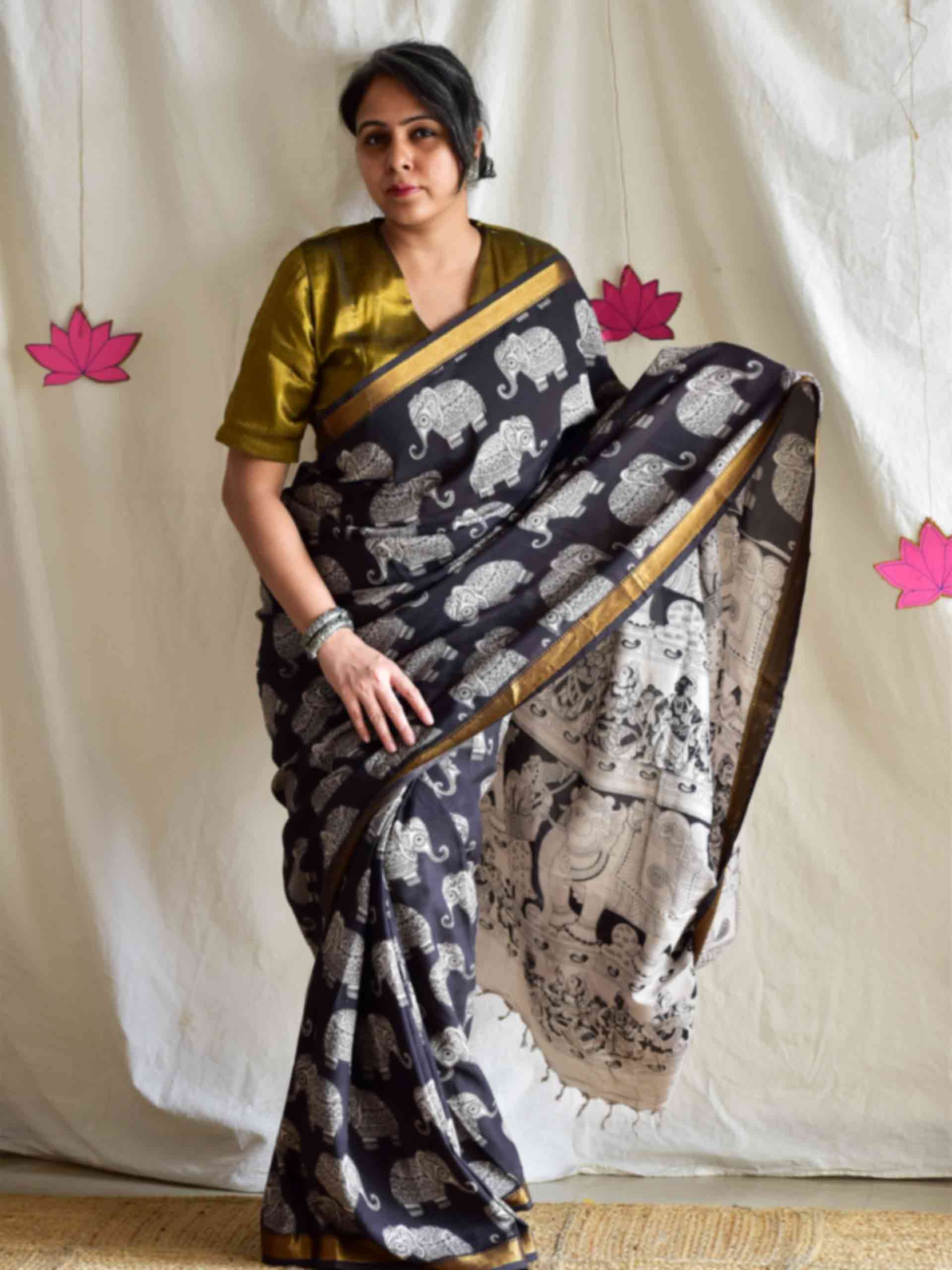 Airavata - kalamkari printed Bangalore Silk zari saree