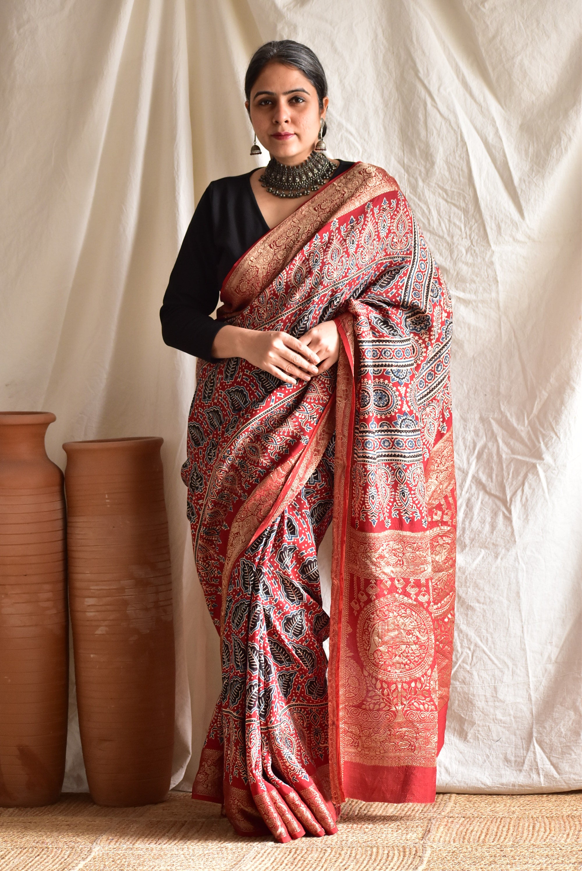 Prakriti  - Ajrakh  Dola silk zari pallu saree