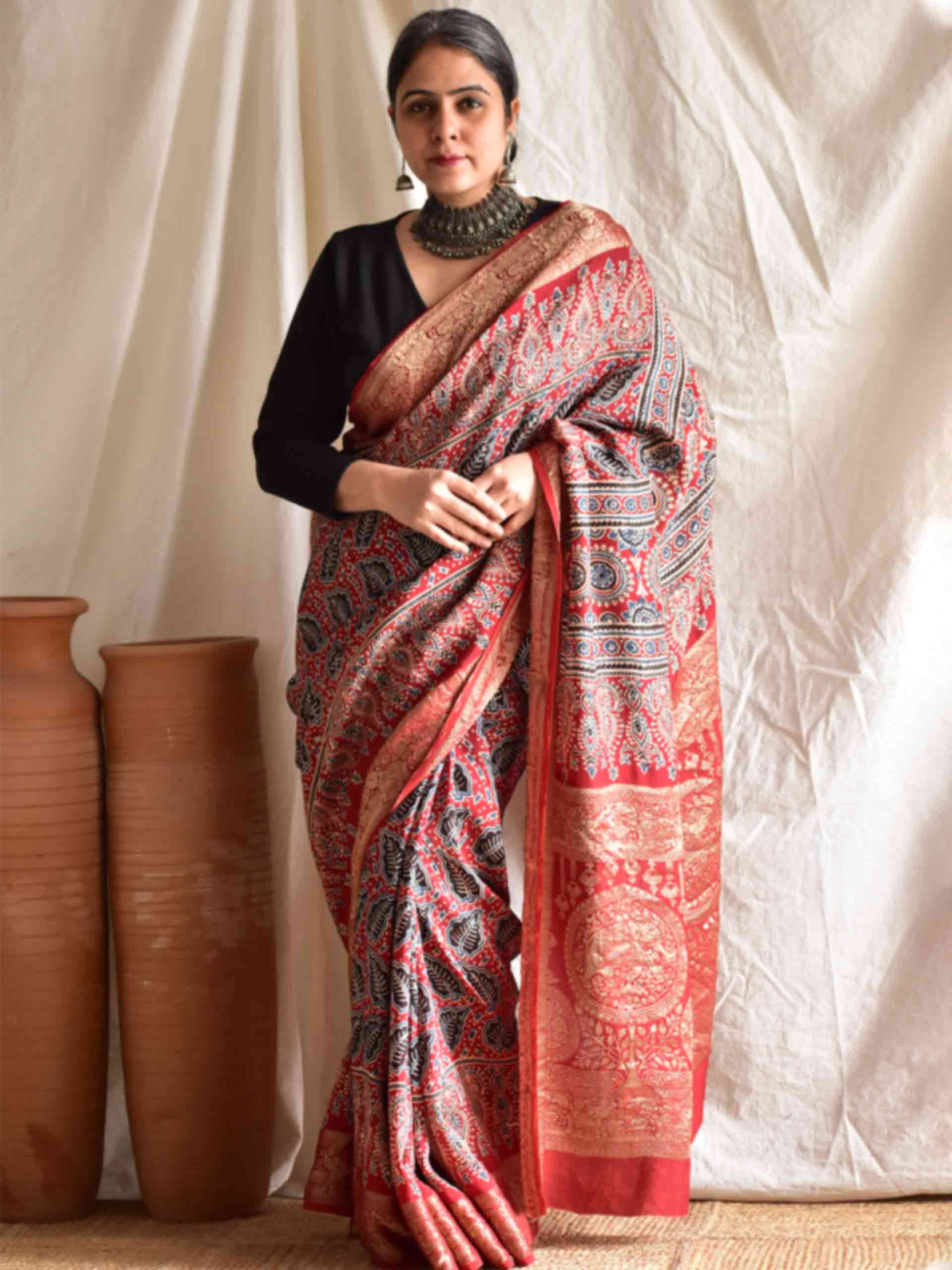 Prakriti  - Ajrakh  Dola silk zari pallu saree