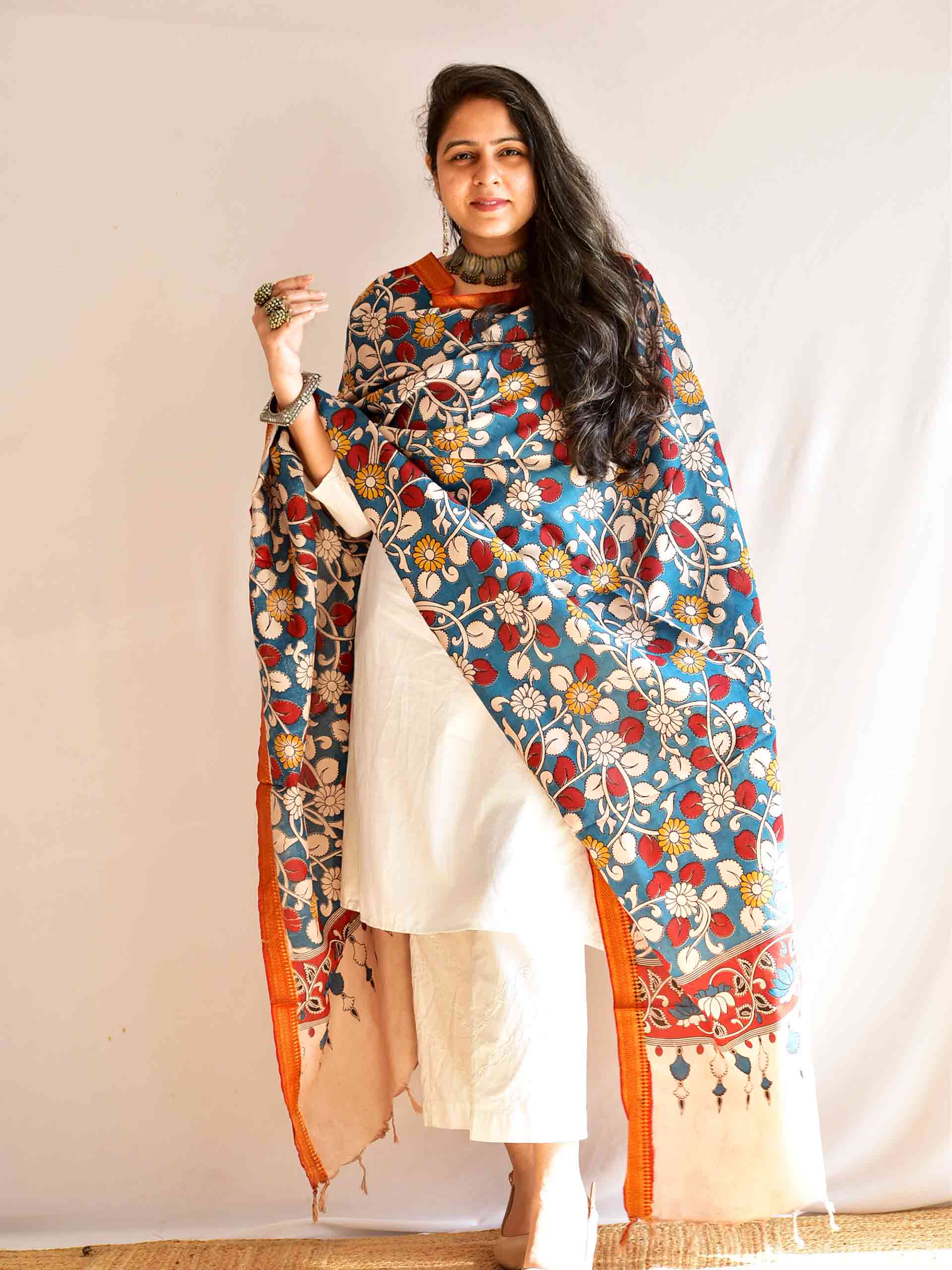 Jaltarang - Bangalore silk kalamkari printed Dupatta