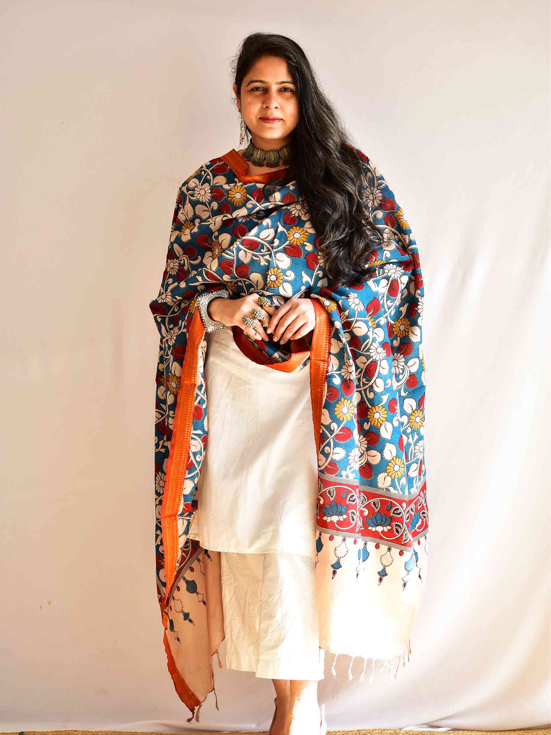 Jaltarang - Bangalore silk kalamkari printed Dupatta