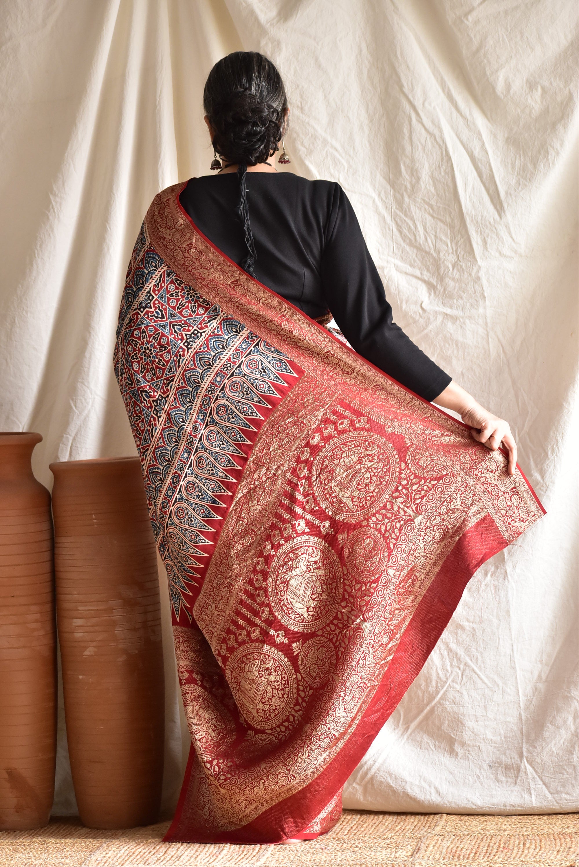 Sanskriti - Ajrakh  Dola silk zari pallu saree