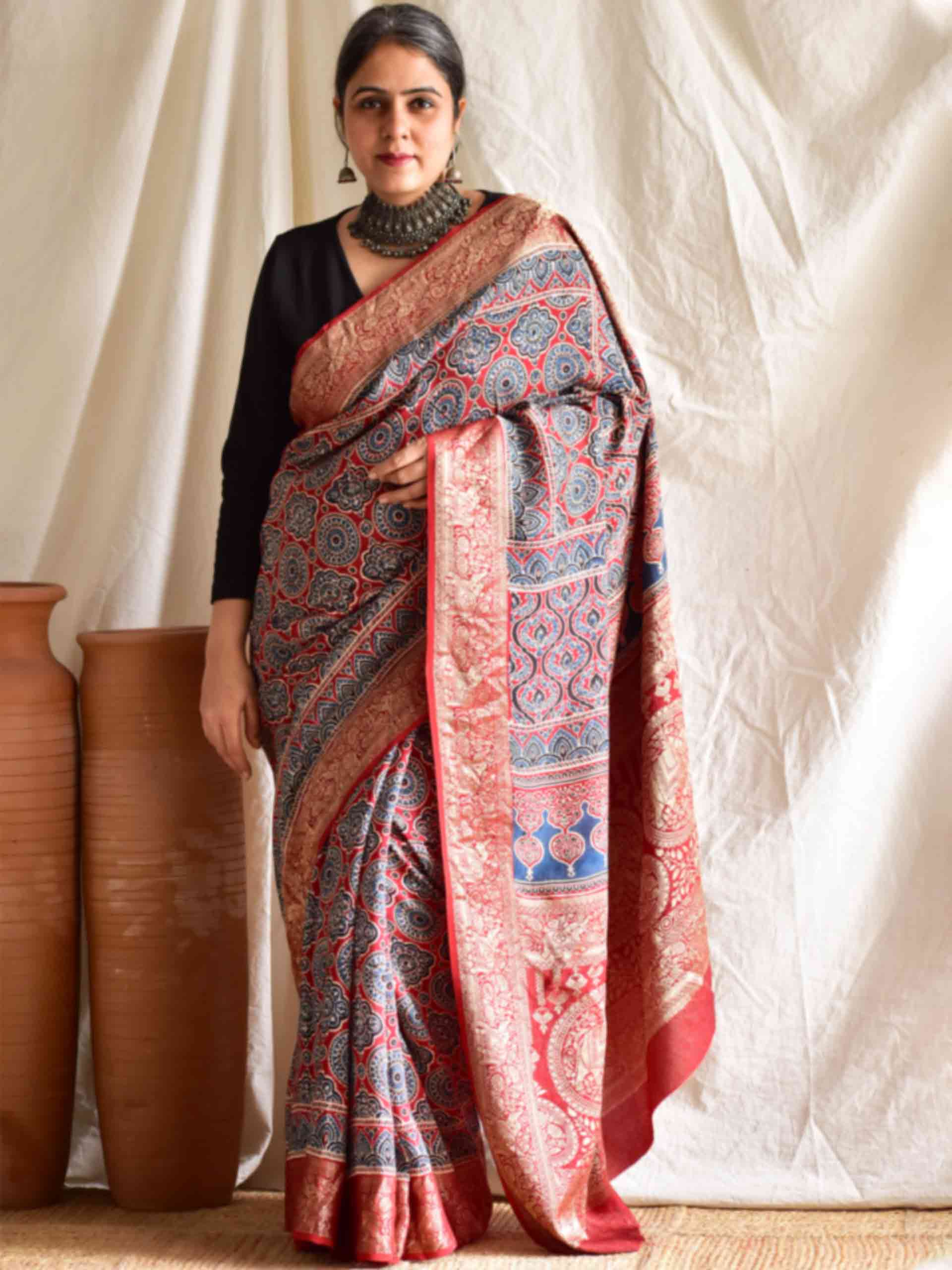 Parampara  - Ajrakh  Dola silk zari pallu saree