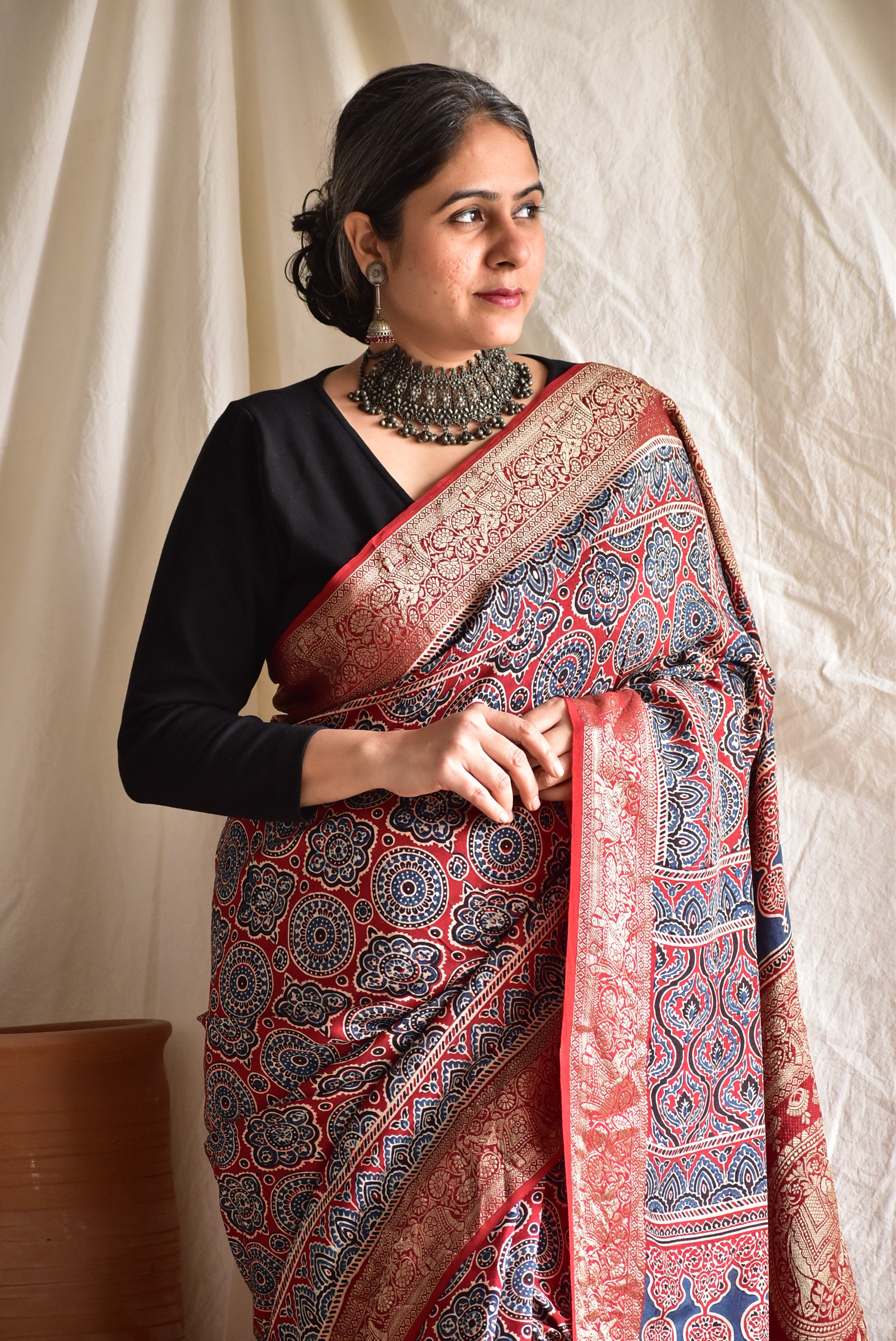 Parampara  - Ajrakh  Dola silk zari pallu saree