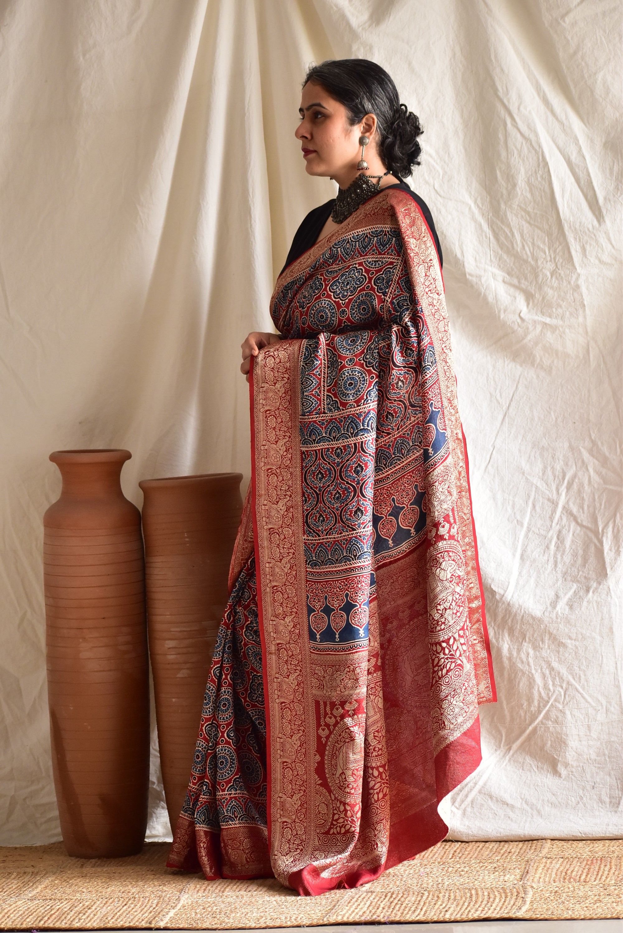 Parampara  - Ajrakh  Dola silk zari pallu saree