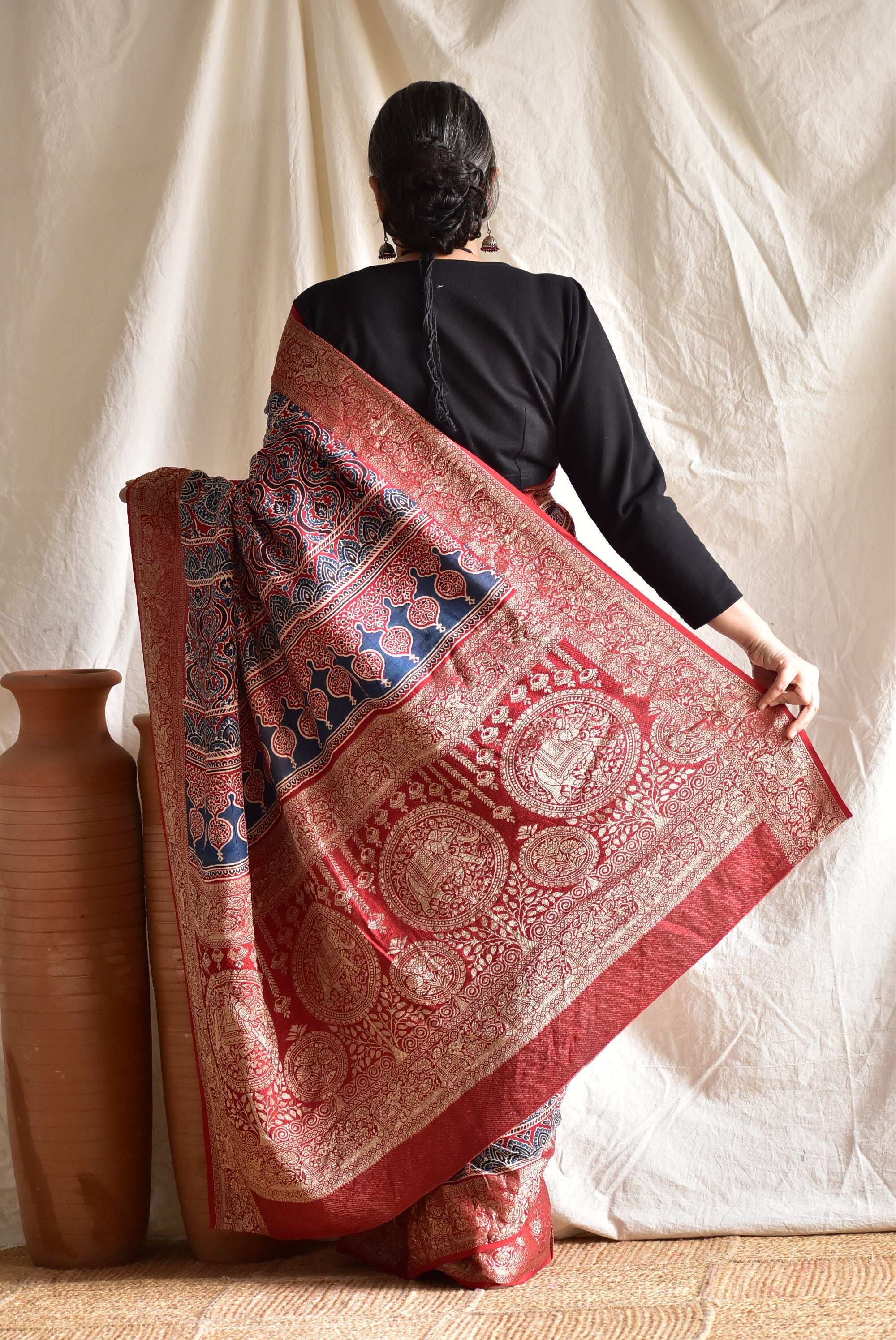 Parampara  - Ajrakh  Dola silk zari pallu saree