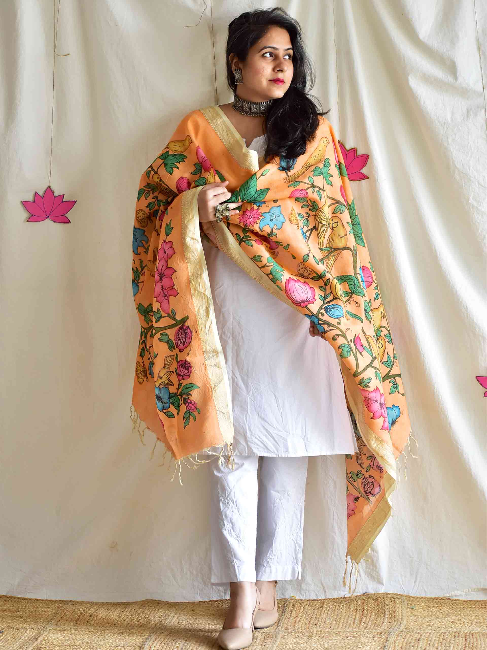 rangmanch - Bangalore silk handpainted kalamkari printed Dupatta