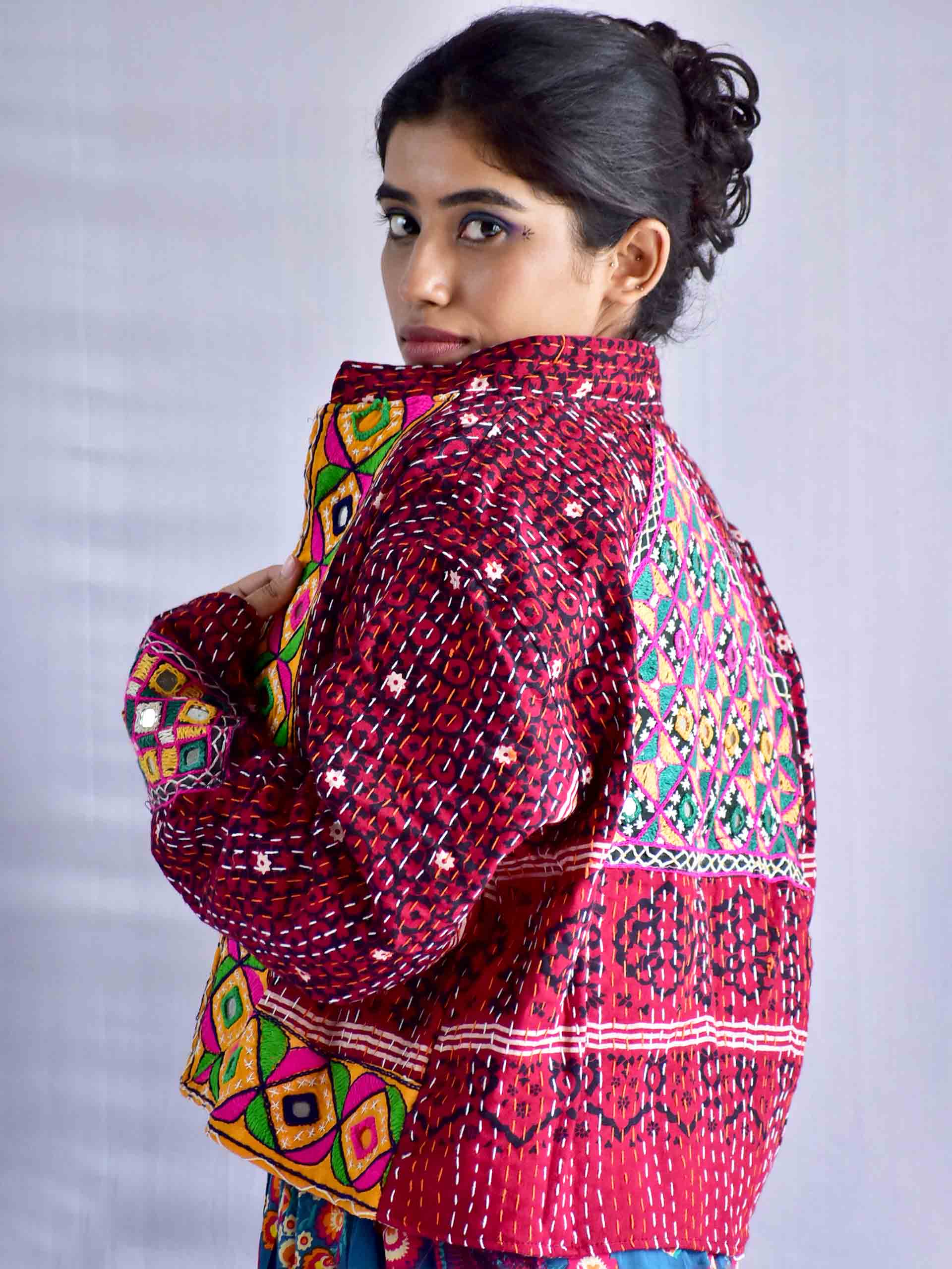 Sutra - mirror work hand embroidered and kantha Reversible jacket