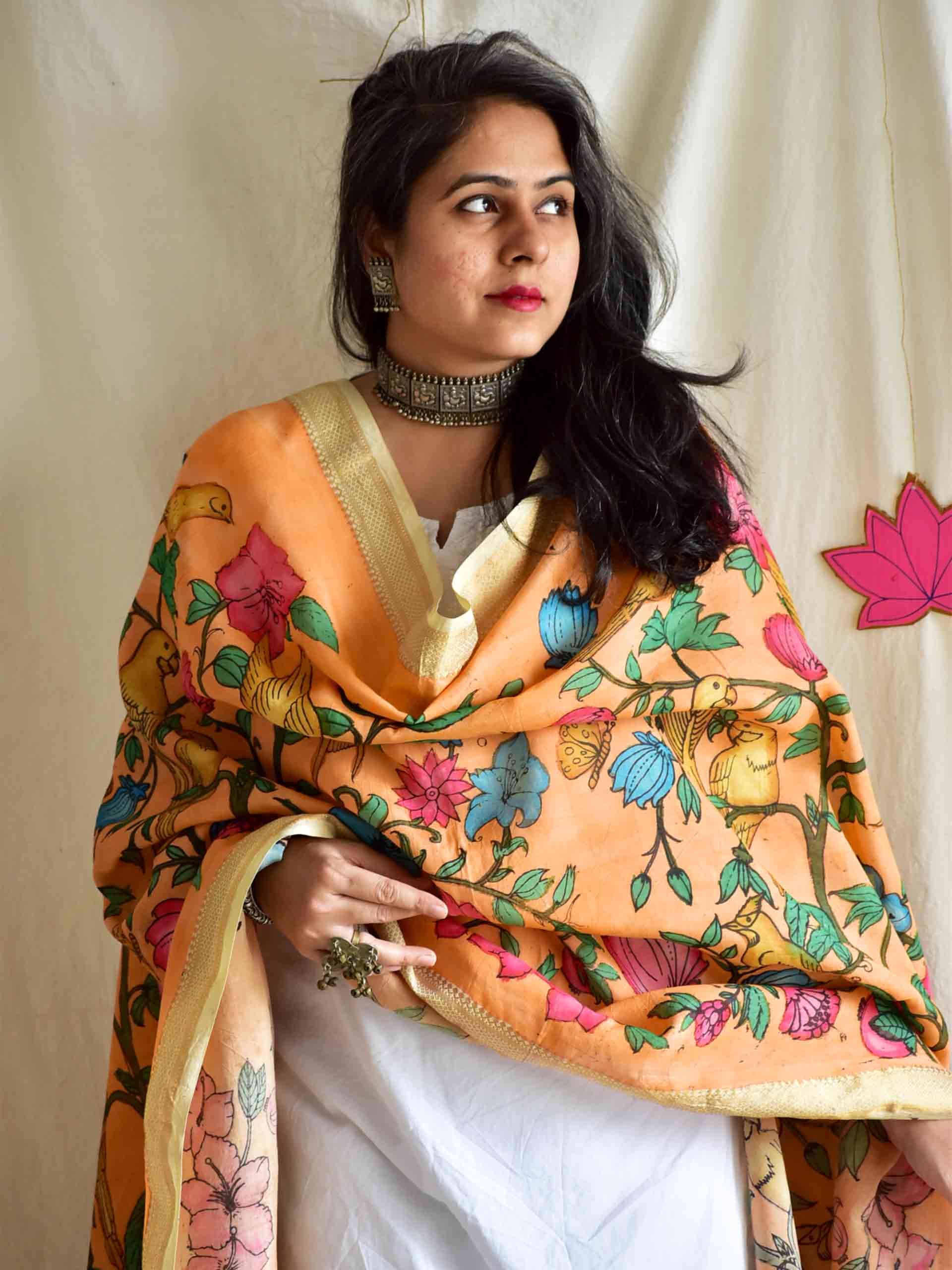 rangmanch - Bangalore silk handpainted kalamkari printed Dupatta
