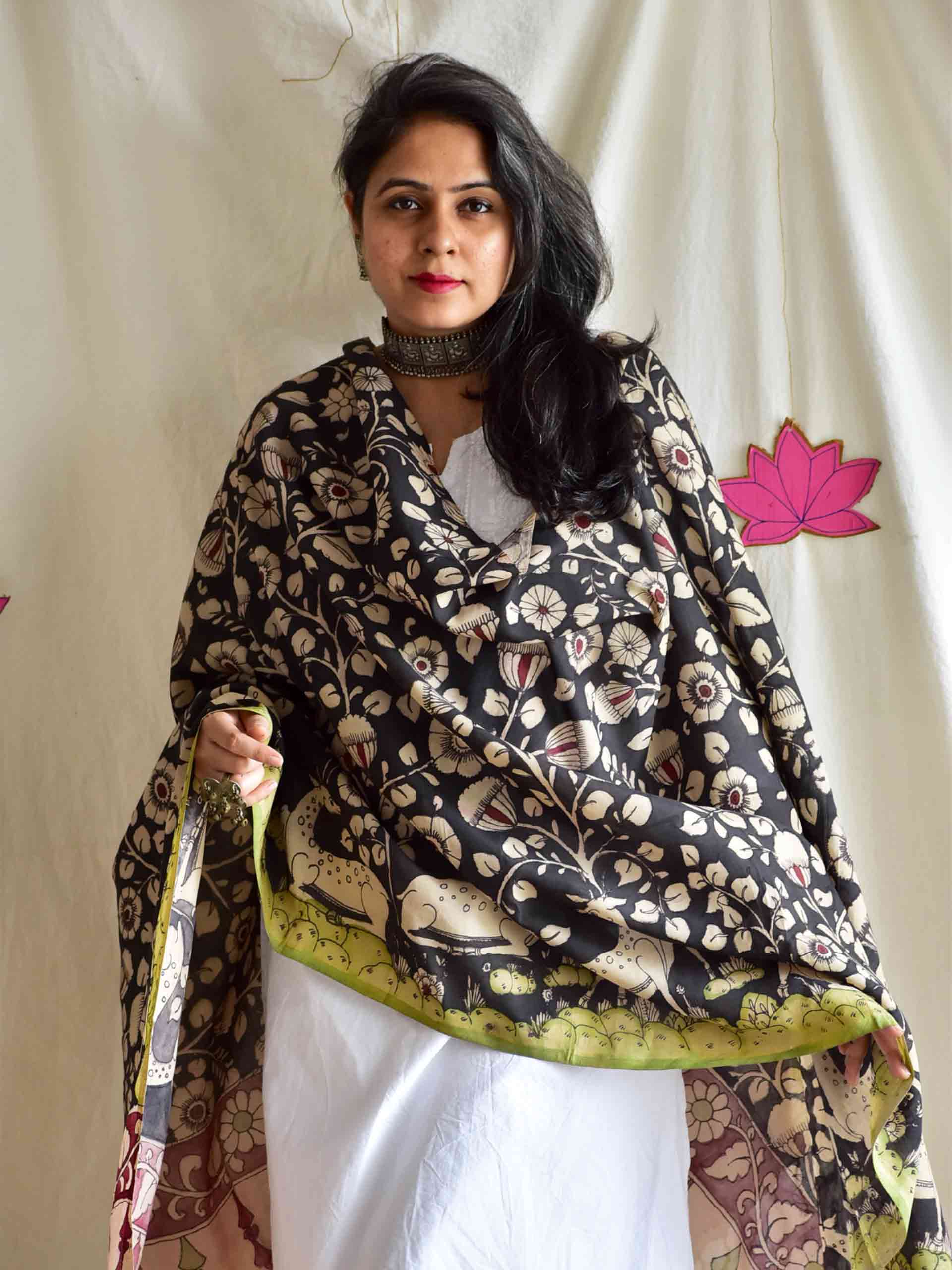 Kumkumadani - Bangalore silk handpainted kalamkari printed Dupatta