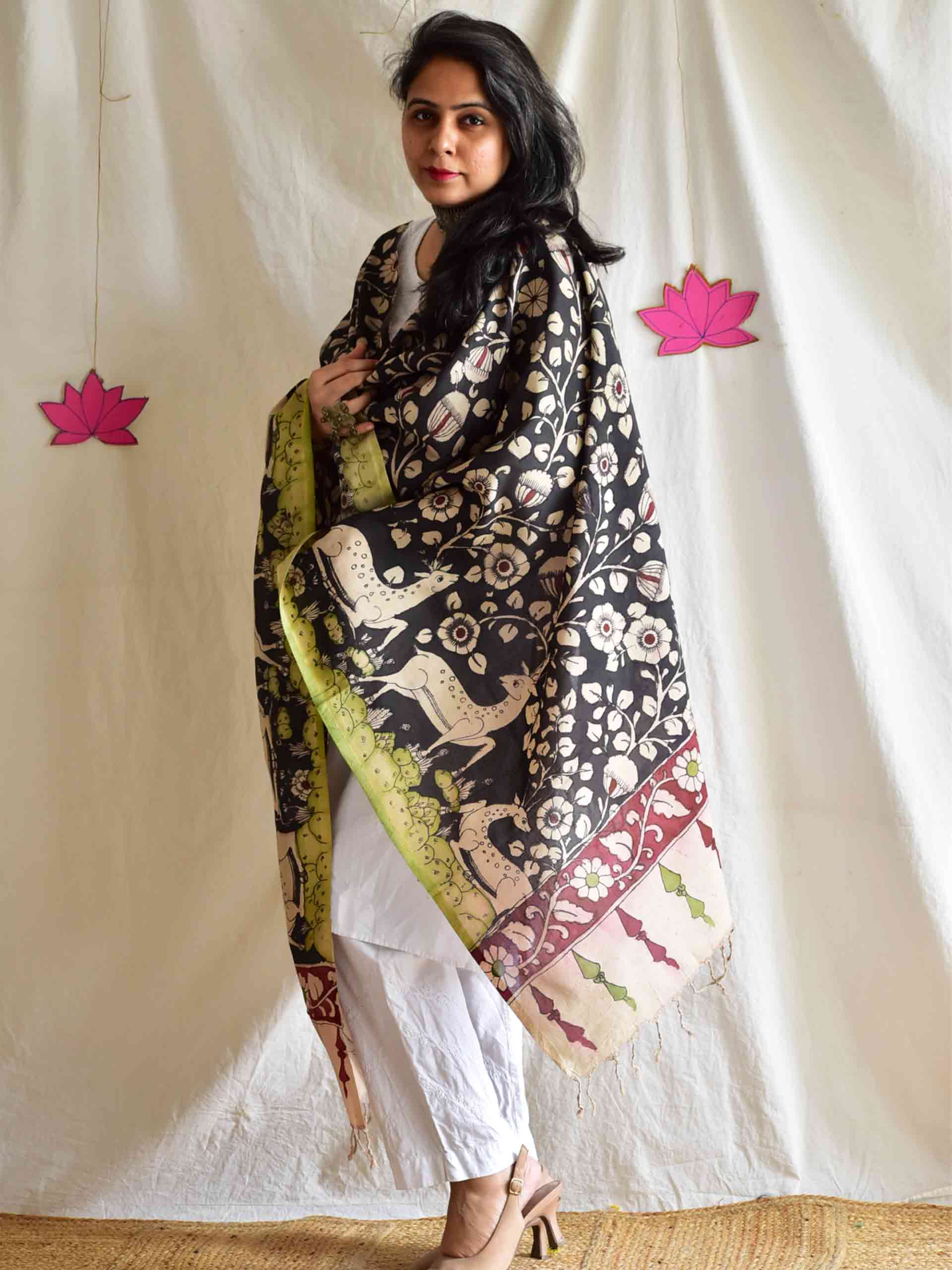 Kumkumadani - Bangalore silk handpainted kalamkari printed Dupatta