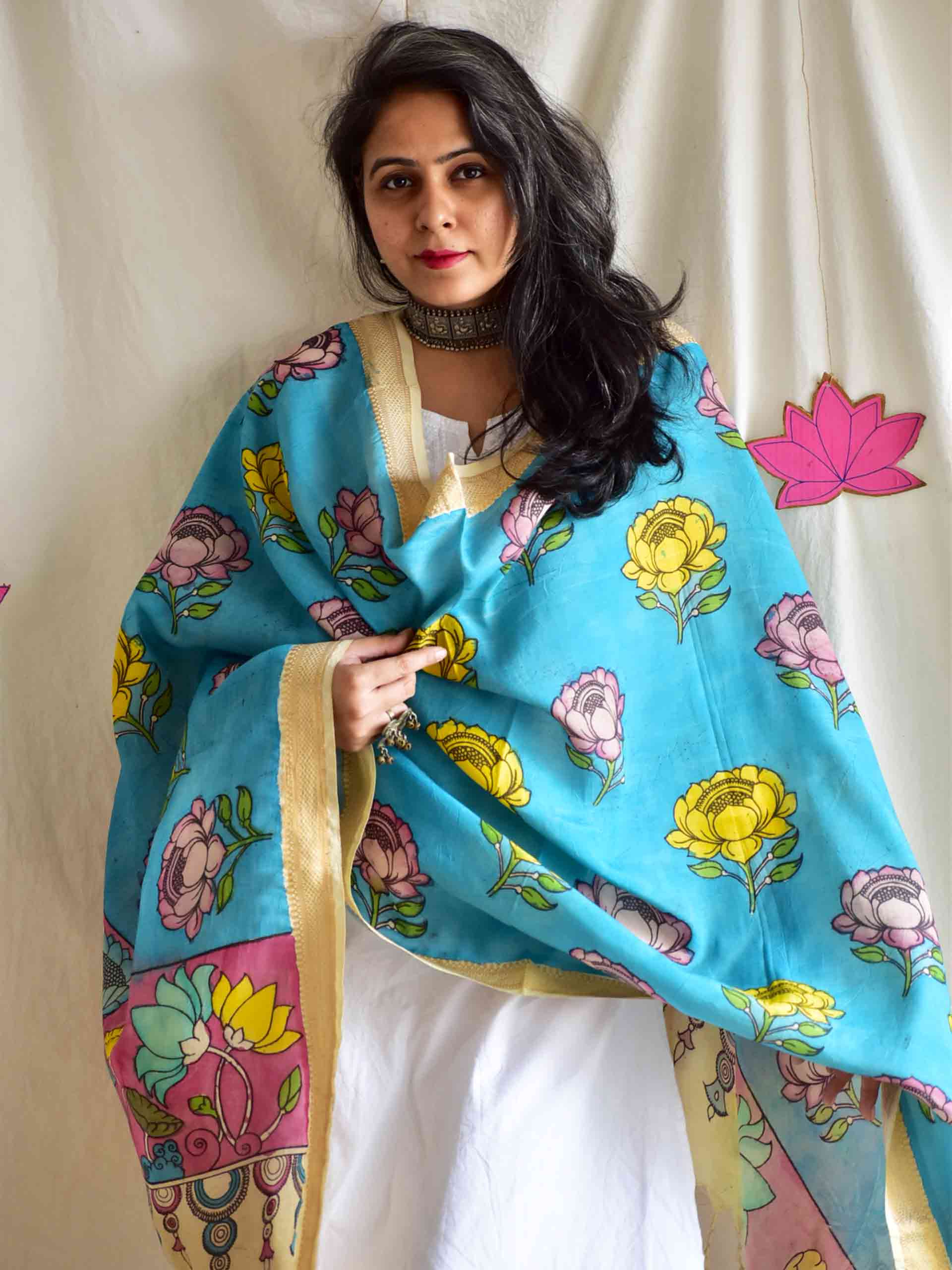 Kamli - Bangalore silk handpainted kalamkari printed Dupatta