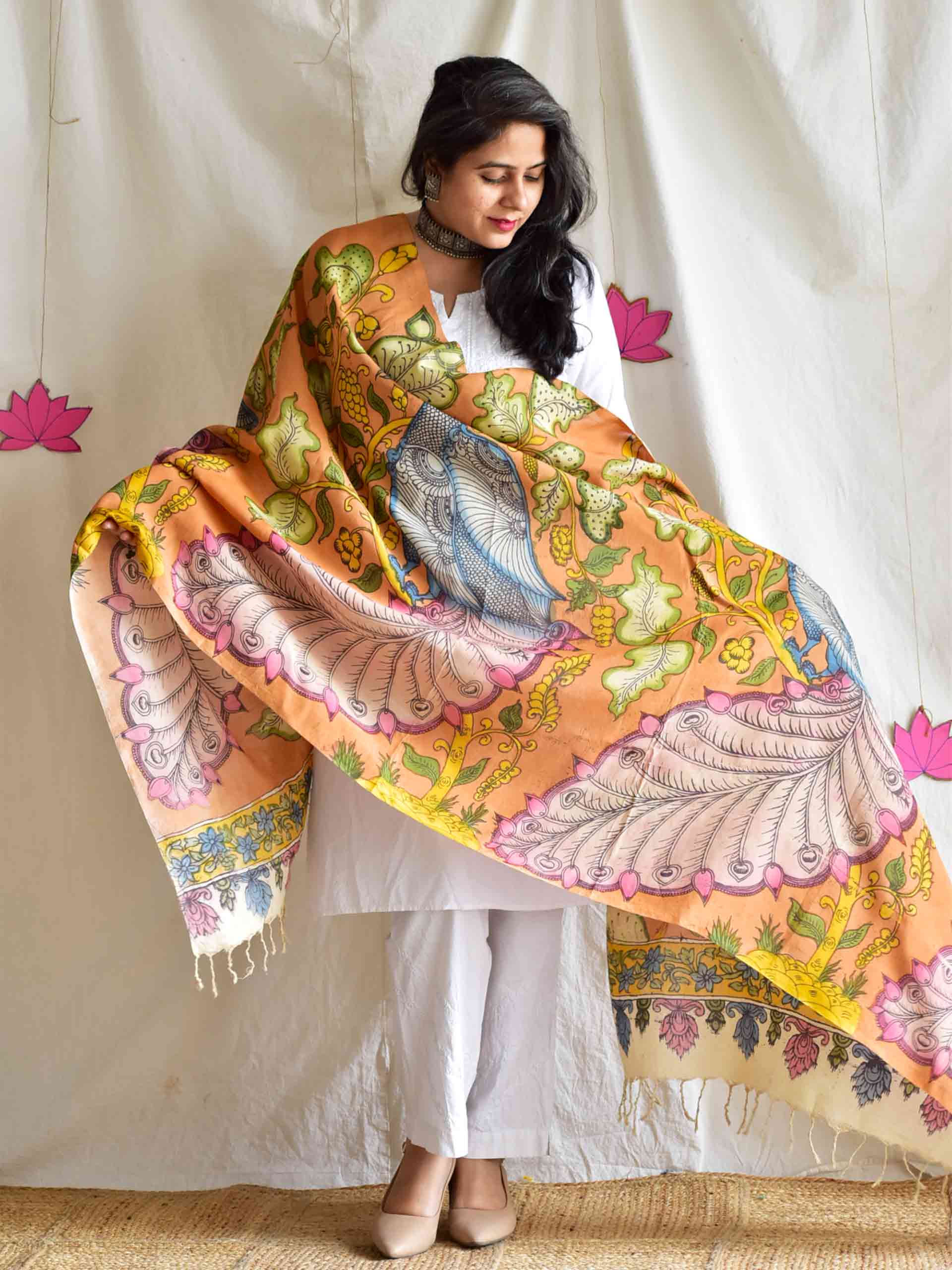 Morni - Bangalore silk handpainted kalamkari printed Dupatta