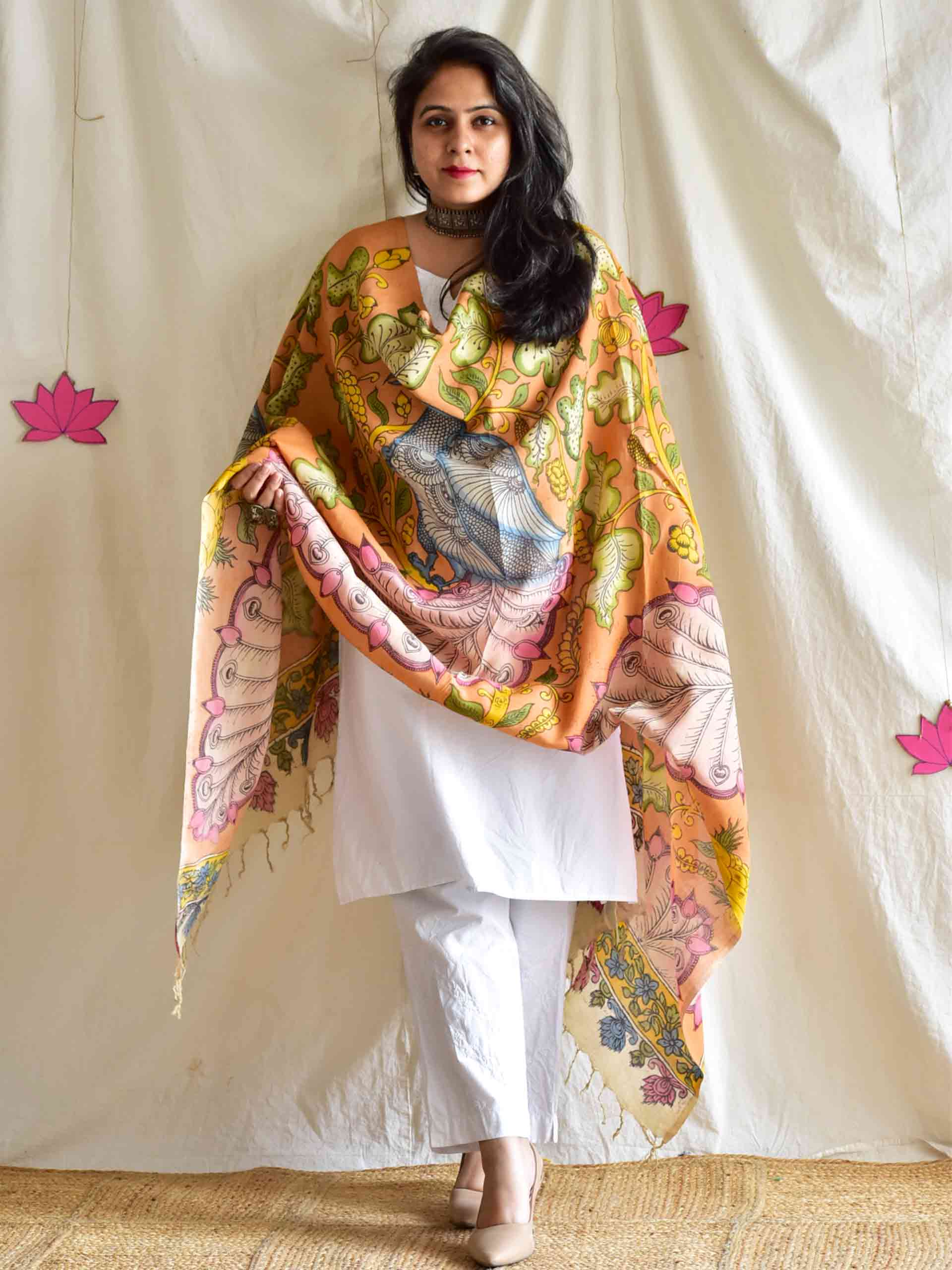 Morni - Bangalore silk handpainted kalamkari printed Dupatta