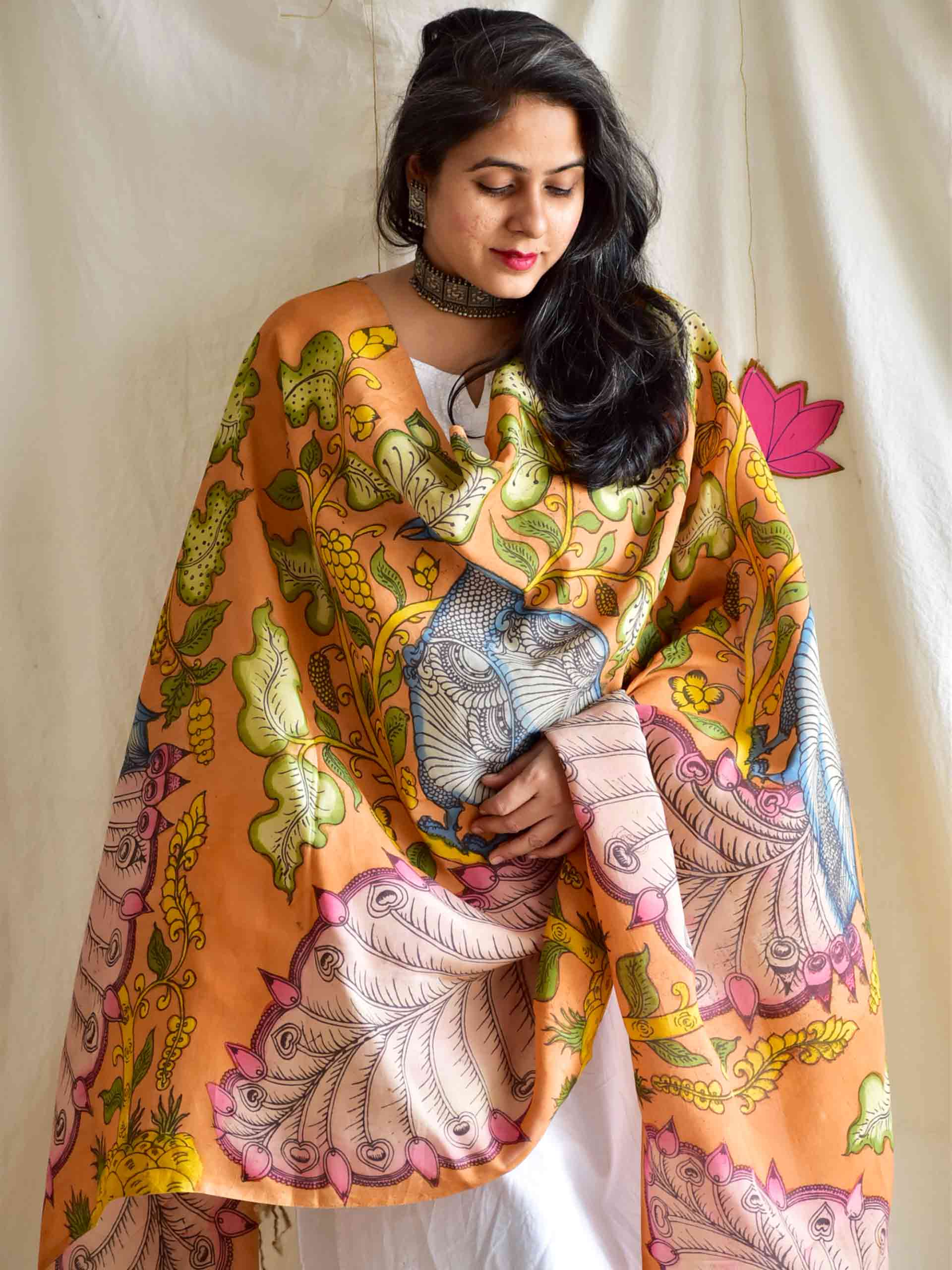 Morni - Bangalore silk handpainted kalamkari printed Dupatta