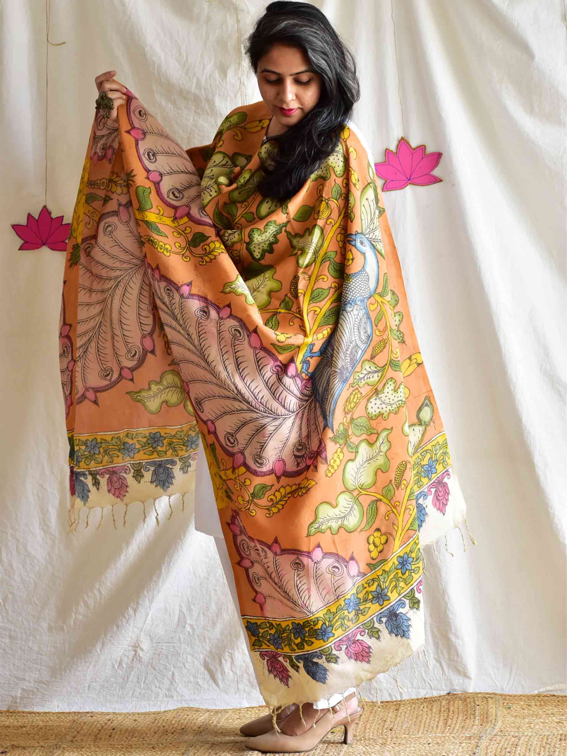 Morni - Bangalore silk handpainted kalamkari printed Dupatta