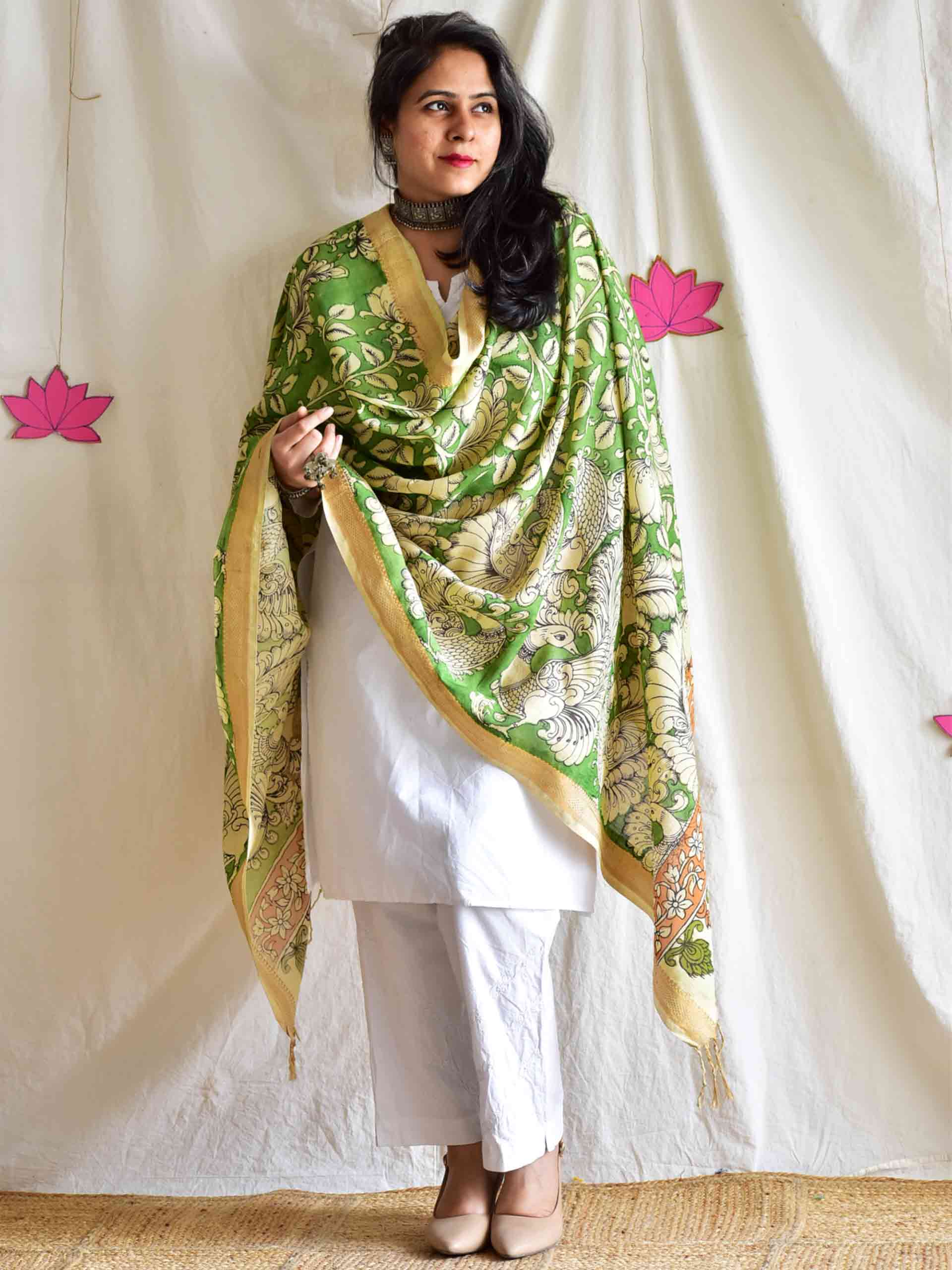 Ruswai - Bangalore silk handpainted kalamkari printed Dupatta