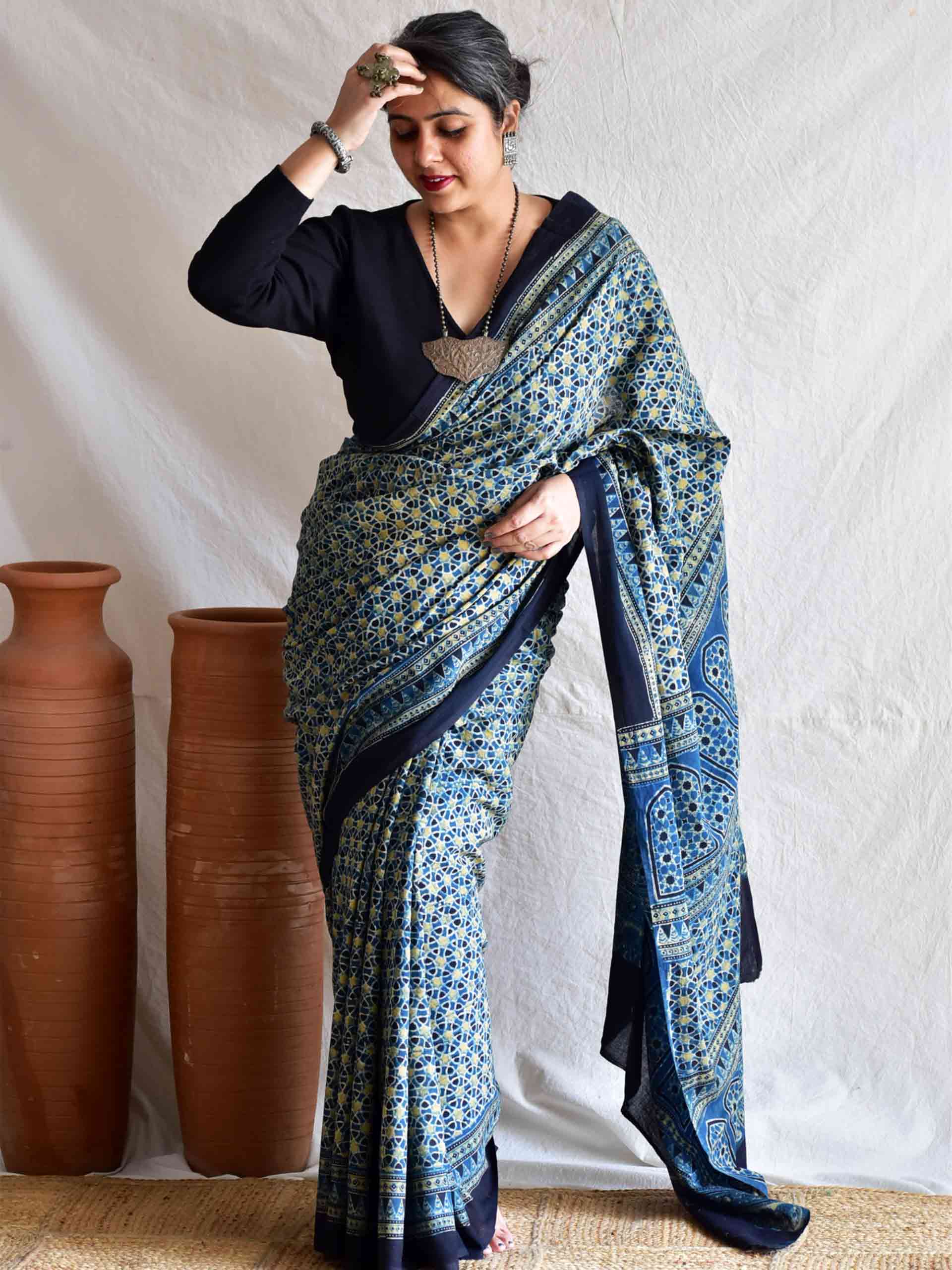 Samundar paar - Ajrakh cotton saree