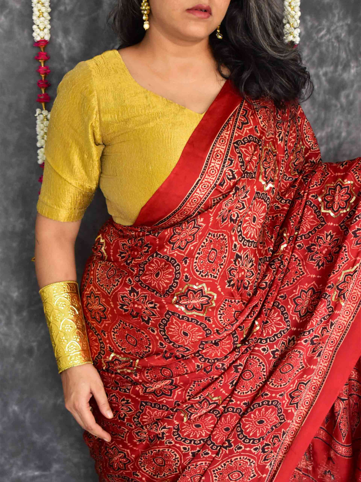 Mohini - Ajrakh Modal Silk hand embroidered Saree