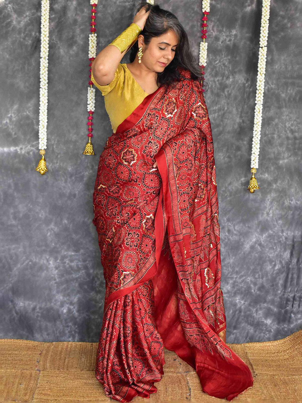 Mohini - Ajrakh Modal Silk hand embroidered Saree