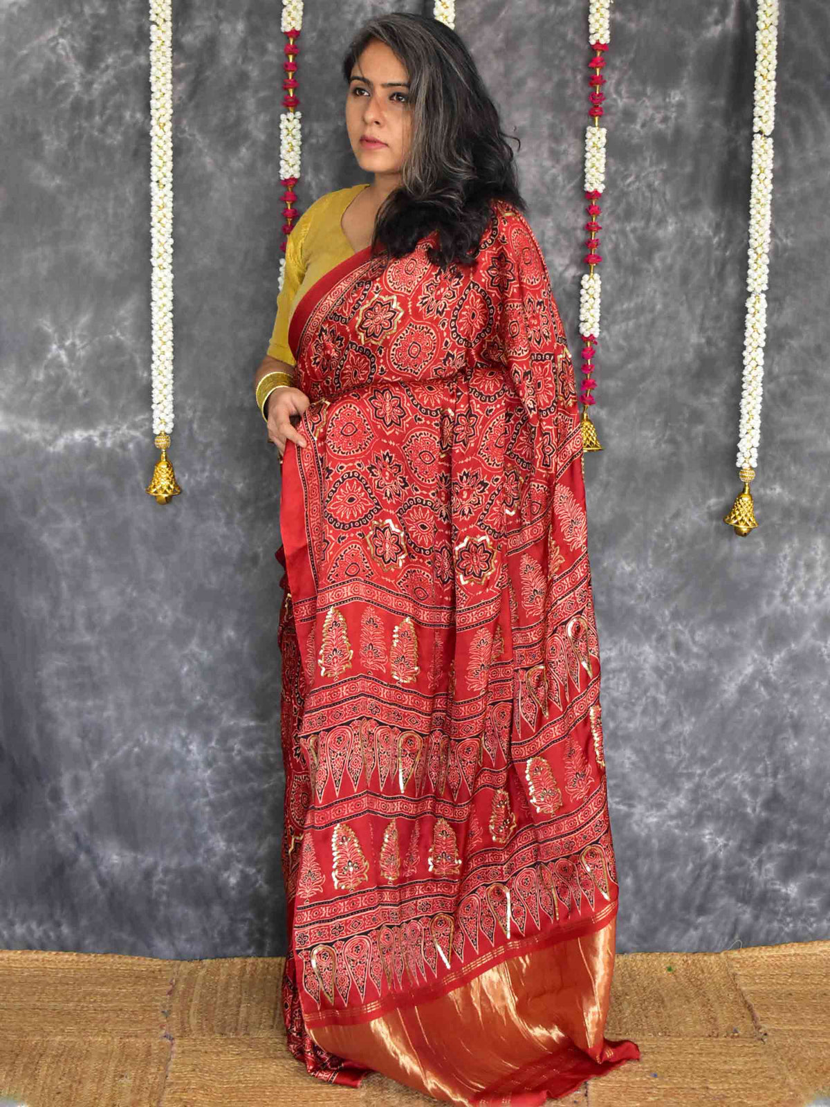 Mohini - Ajrakh Modal Silk hand embroidered Saree