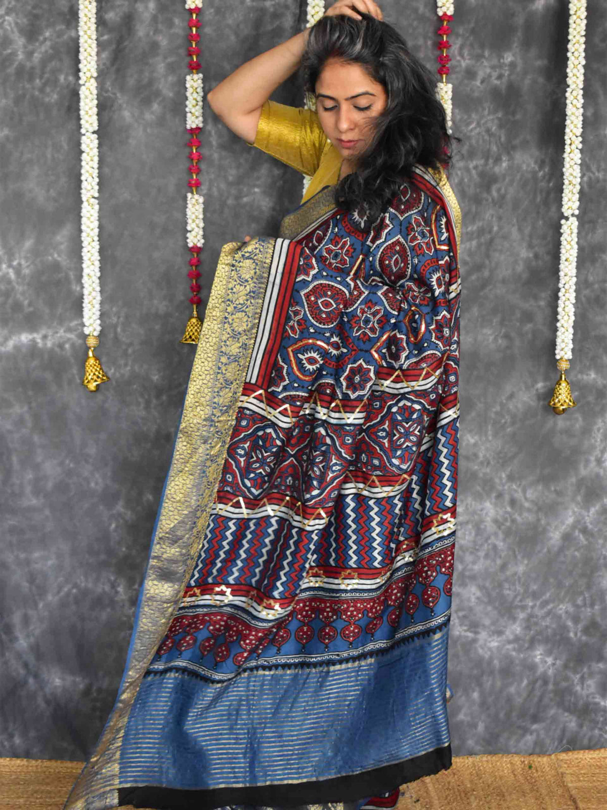Saawari - Ajrakh Dola Silk hand embroidered Saree