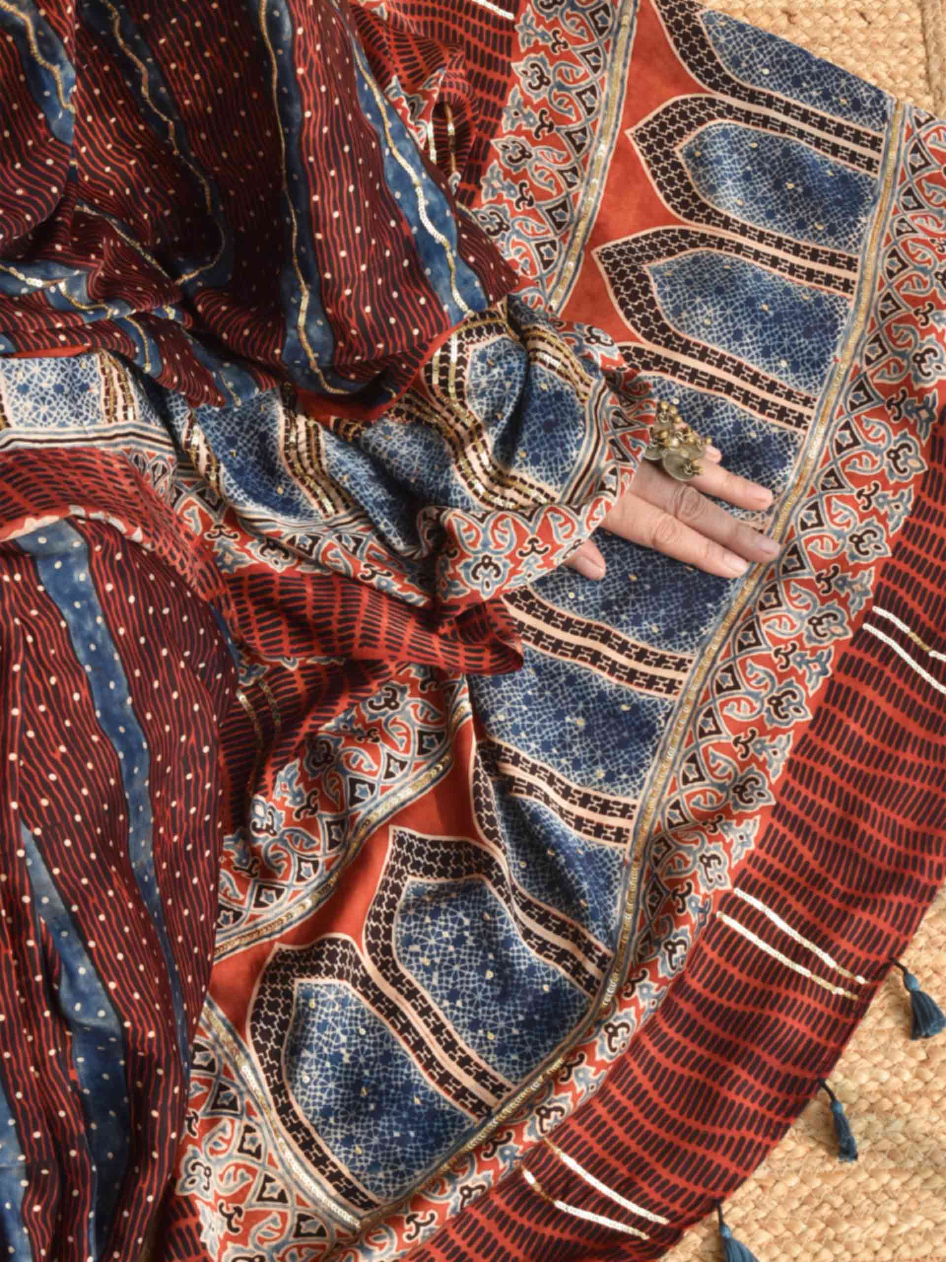 mehran- Ajrakh modal Silk hand embroidered Saree