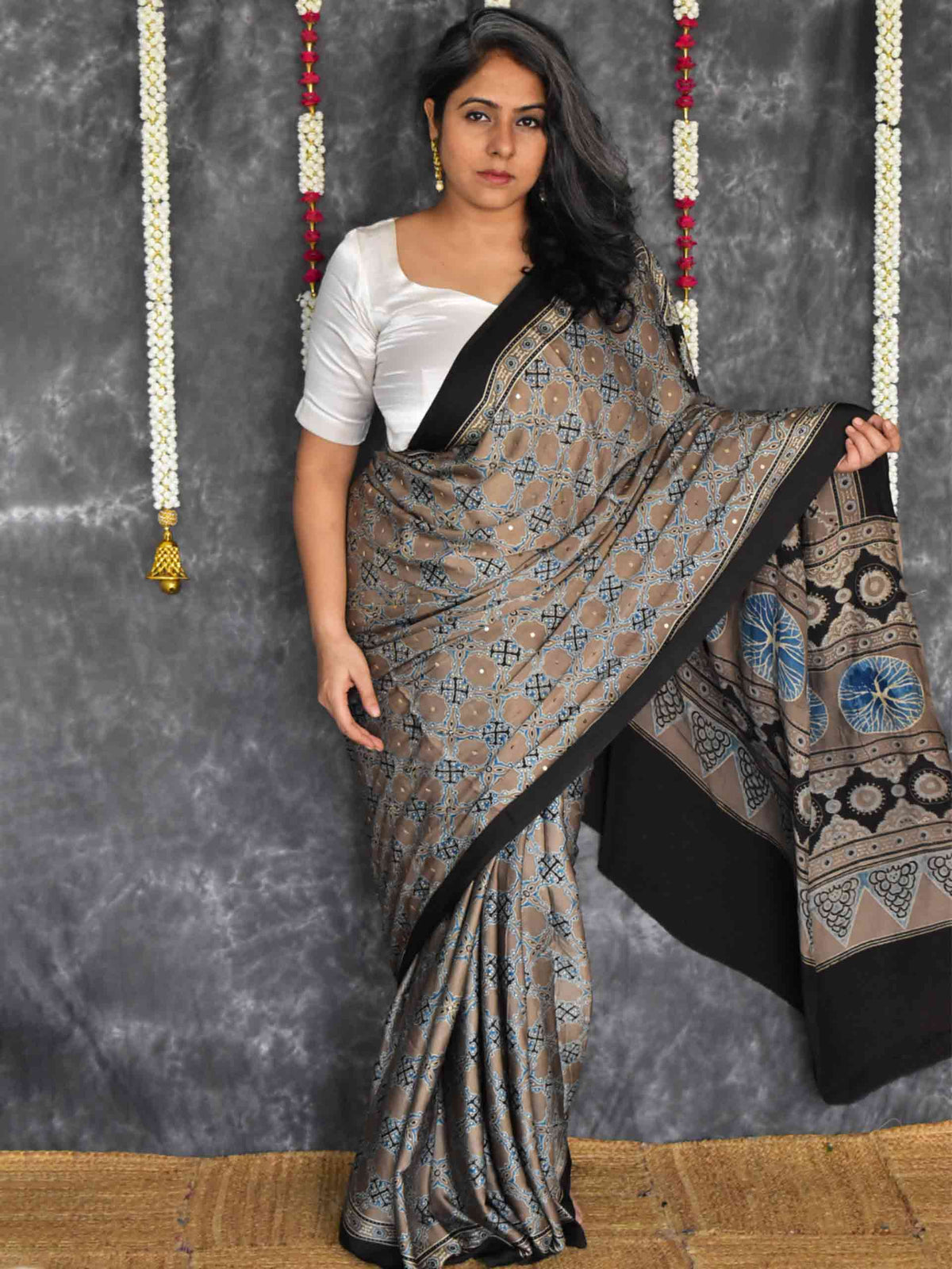 Kashish - Ajrakh modal Silk hand embroidered Saree