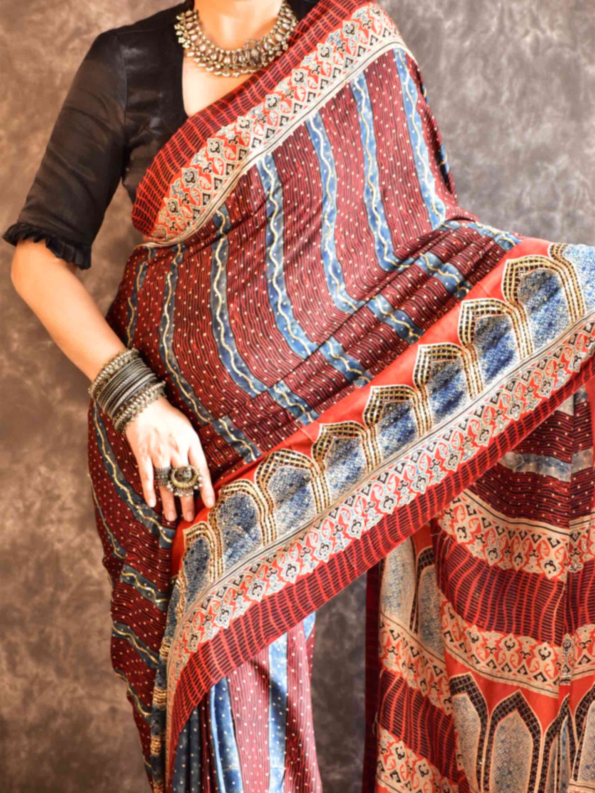 mehran- Ajrakh modal Silk hand embroidered Saree