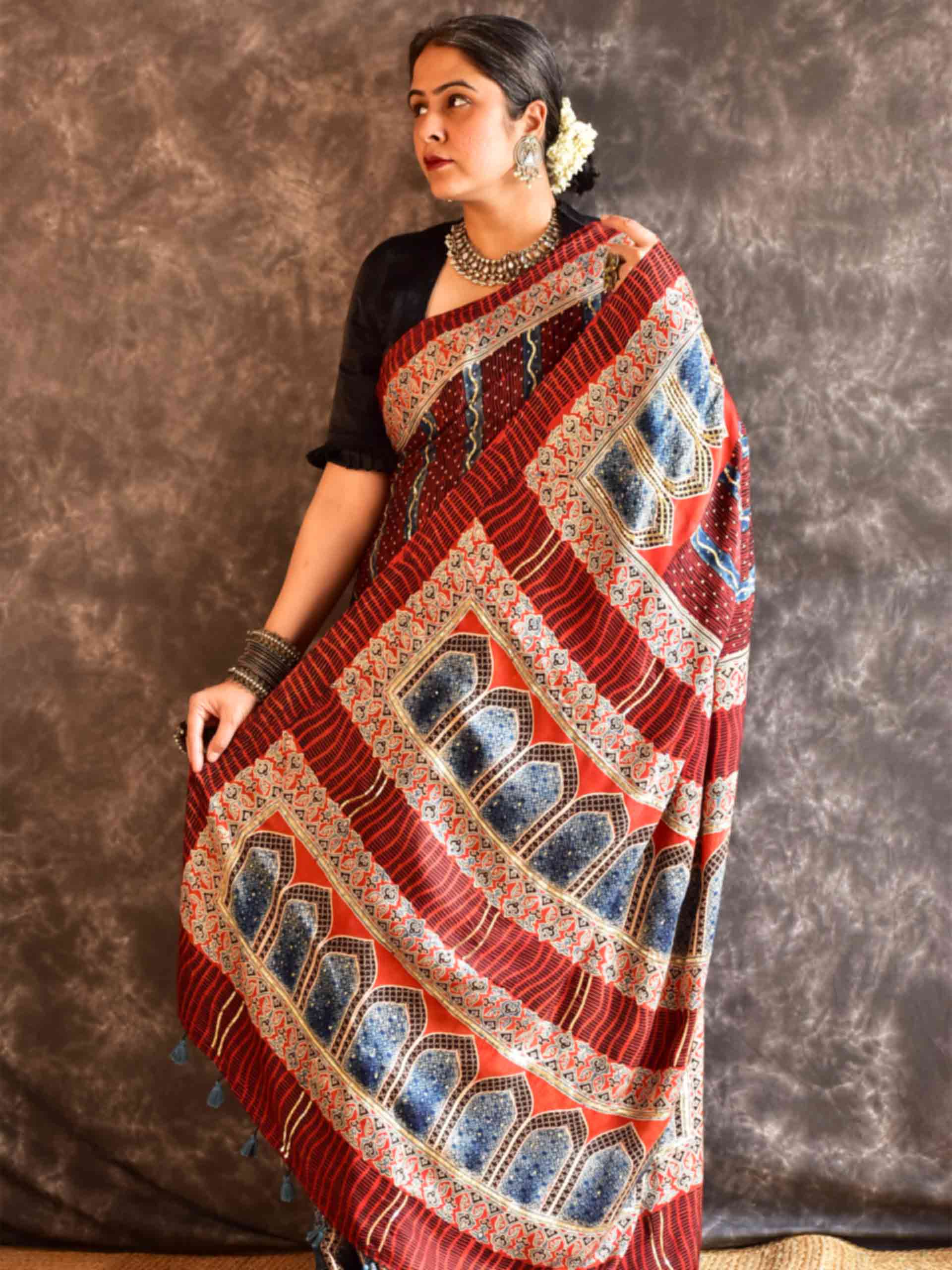 mehran- Ajrakh modal Silk hand embroidered Saree