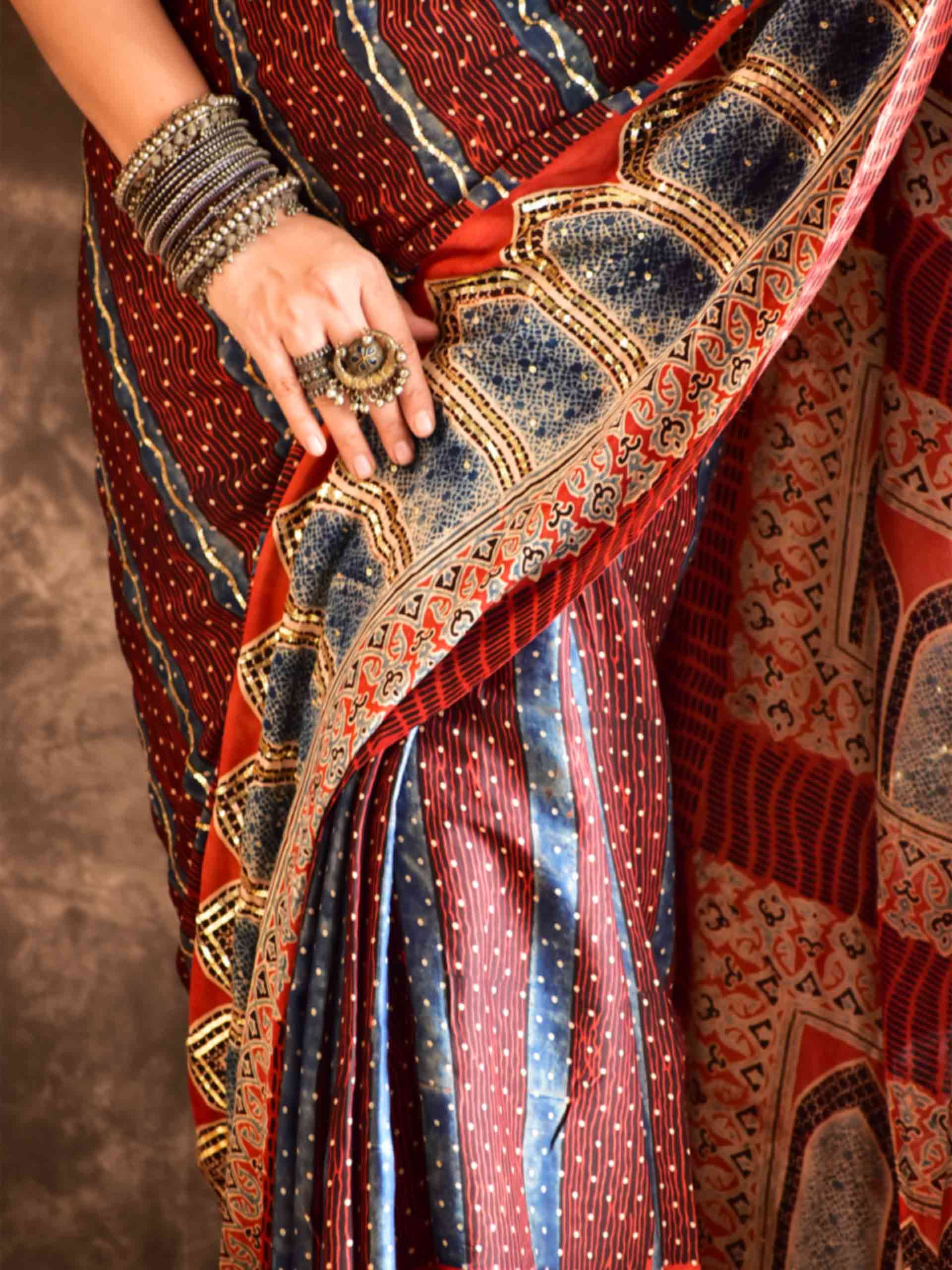 mehran- Ajrakh modal Silk hand embroidered Saree