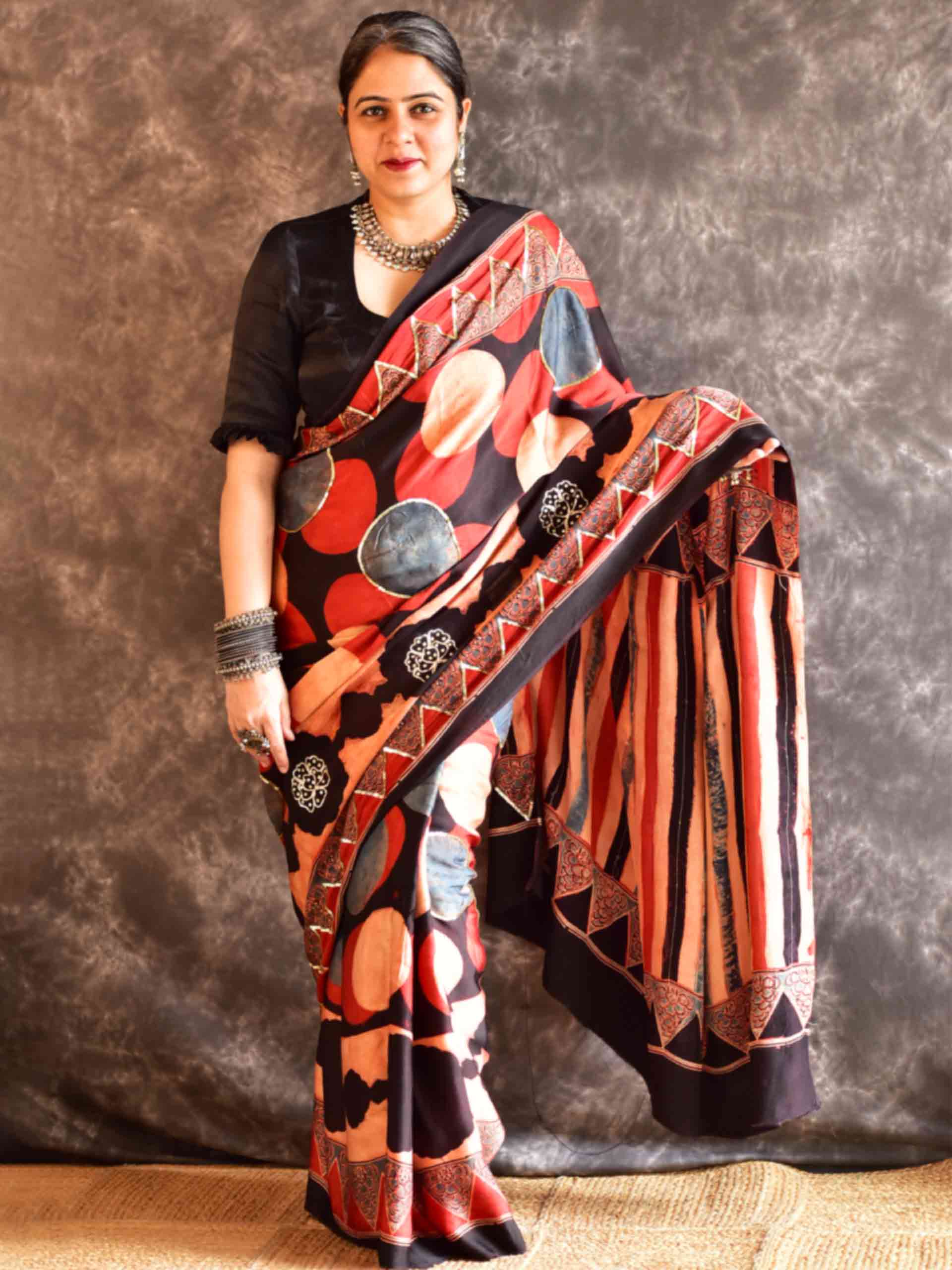 mehran- Ajrakh modal Silk hand embroidered Saree