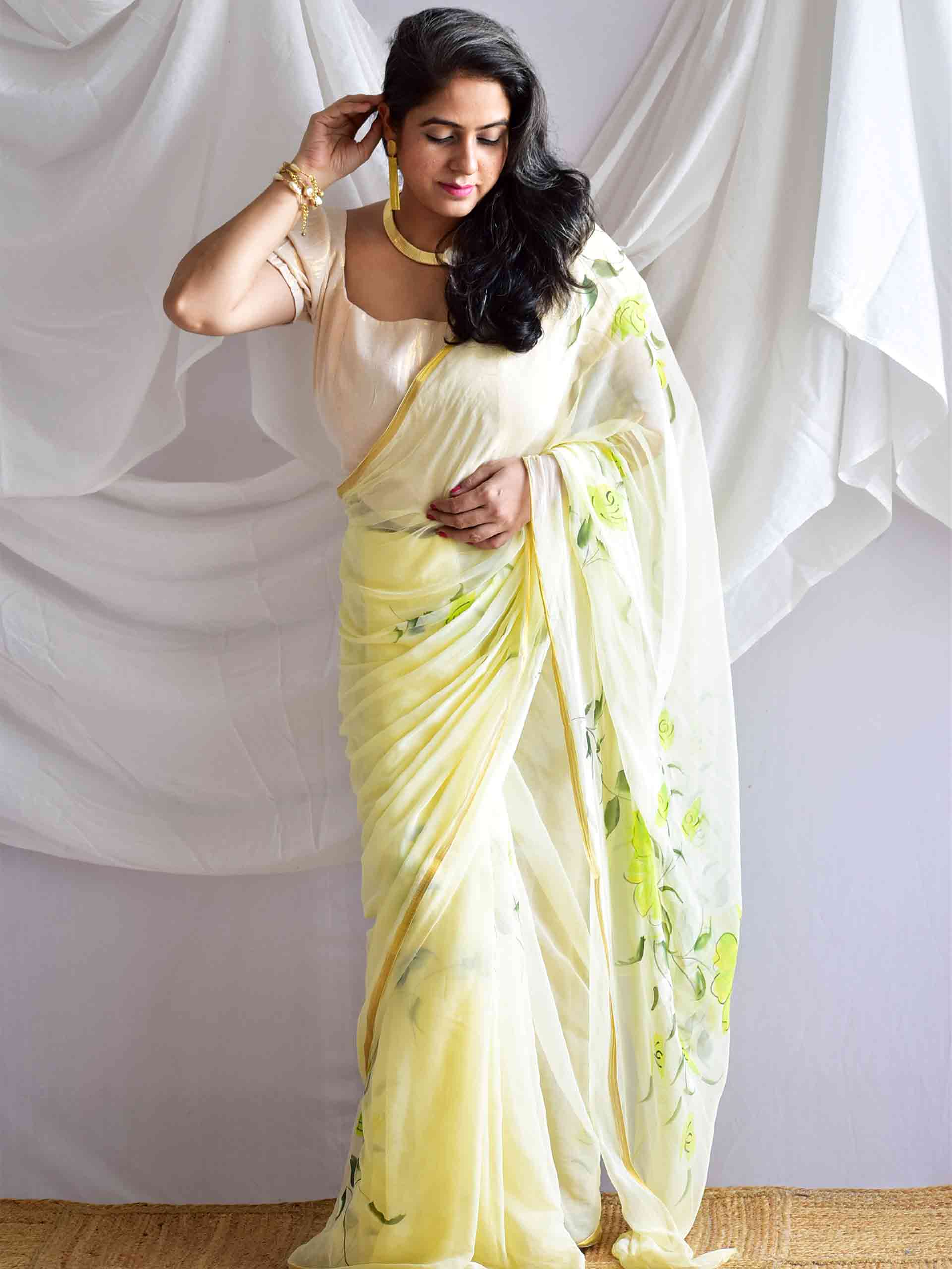 Grace of spring - Hand painted chiffon saree