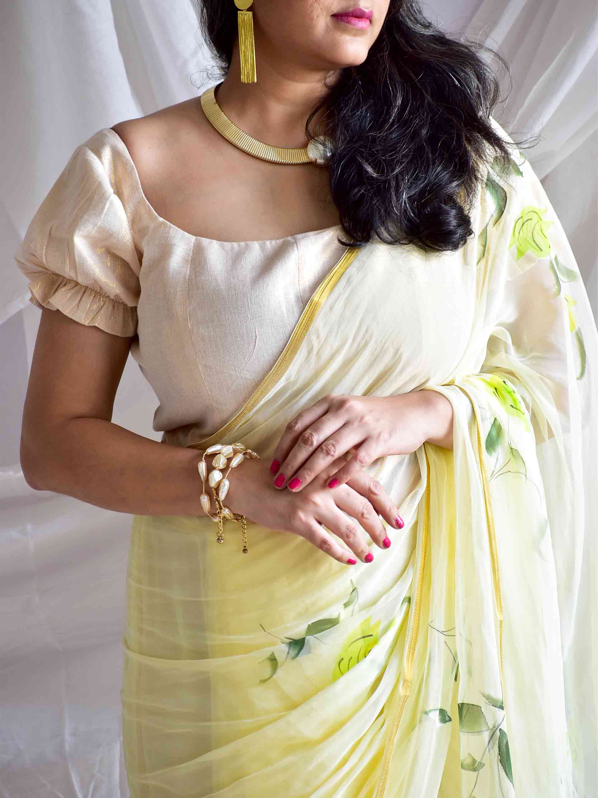 Grace of spring - Hand painted chiffon saree